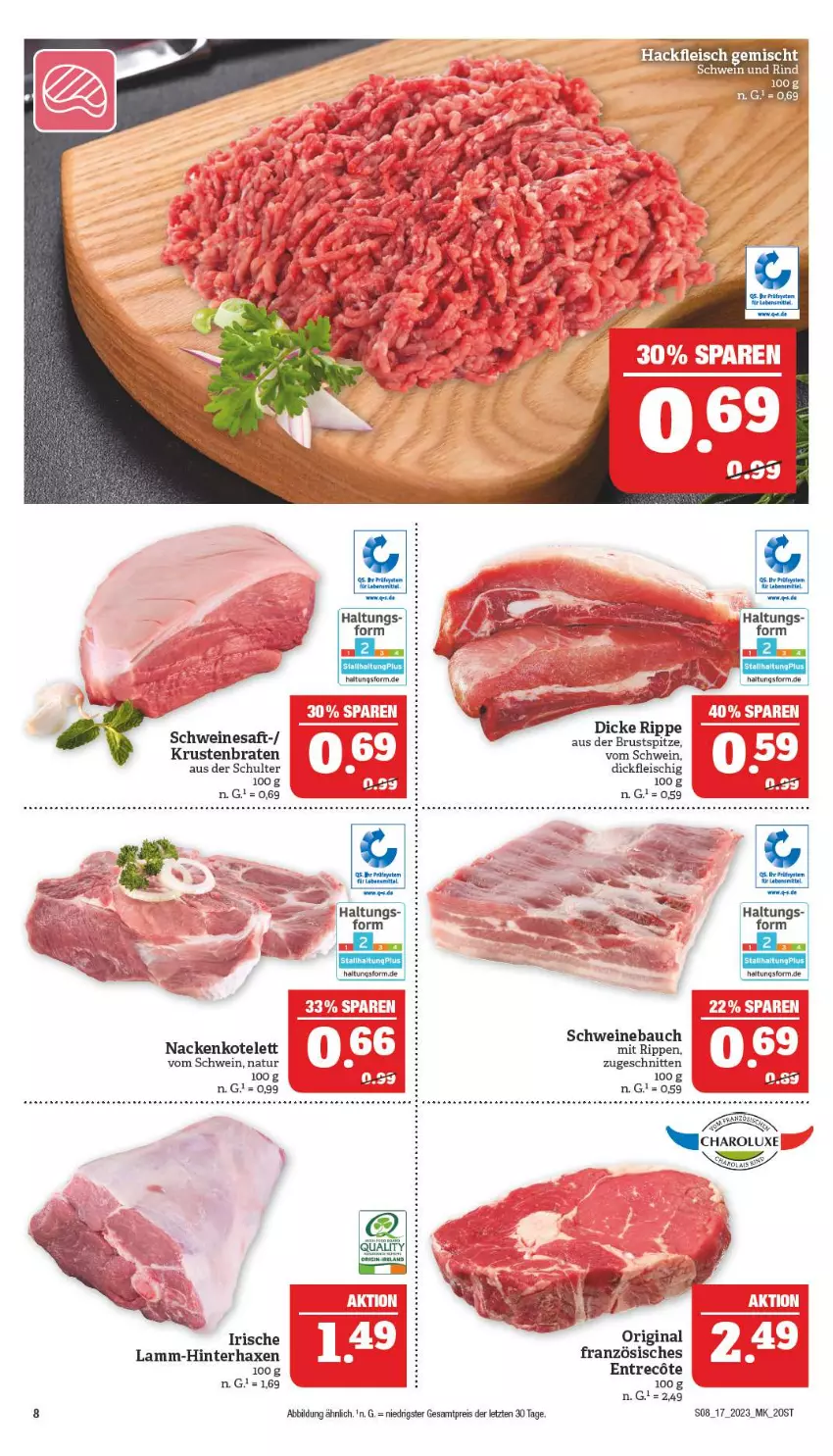 Aktueller Prospekt Marktkauf - Prospekt - von 23.04 bis 29.04.2023 - strona 8 - produkty: axe, Bau, braten, eis, fleisch, gin, Haxe, kotelett, krustenbraten, lamm, natur, reis, Rippen, saft, schnitten, schwein, schweine, Schweinebauch, wein, weine, ZTE