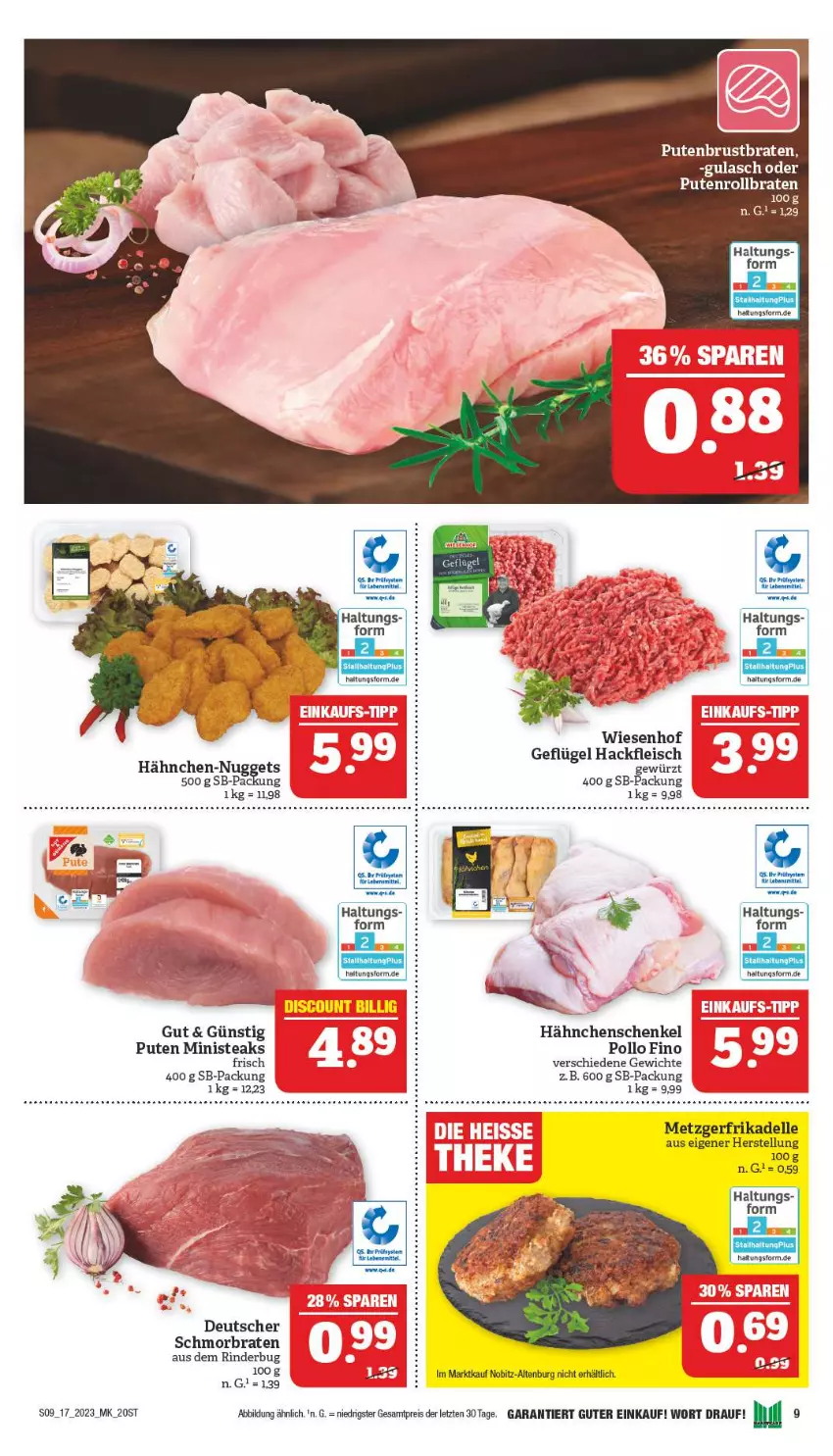 Aktueller Prospekt Marktkauf - Prospekt - von 23.04 bis 29.04.2023 - strona 9 - produkty: braten, dell, eis, elle, fleisch, Geflügel, gewürz, gulasch, hackfleisch, hähnchenschenkel, henkel, nuggets, Pollo Fino, pute, putenbrust, Putenrollbraten, reis, rind, rinder, rollbraten, schenkel, schmorbraten, steak, steaks, Ti, wiesenhof, ZTE