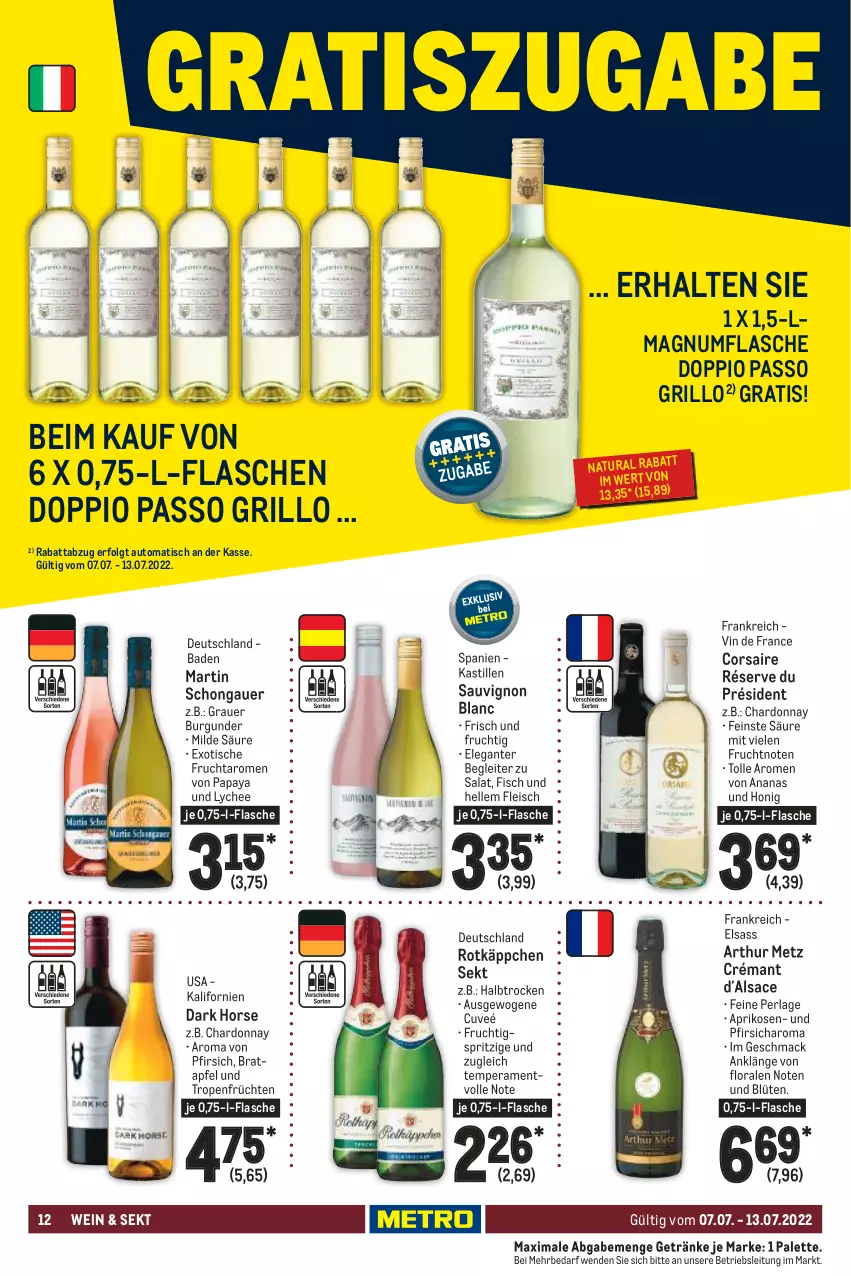 Aktueller Prospekt Metro - Food - von 07.07 bis 13.07.2022 - strona 12 - produkty: ananas, apfel, aprikose, aprikosen, asti, auer, auto, Bad, Blüte, burgunder, chardonnay, Corsaire, doppio passo, eis, elle, fisch, flasche, fleisch, frucht, früchte, früchten, getränk, getränke, grauer burgunder, grill, grillo, honig, LG, mac, magnum, natur, natura, Palette, Papaya, passo, perla, pfirsich, rotkäppchen, sac, salat, sauvignon, sauvignon blanc, sekt, Ti, tisch, vin de france, wein