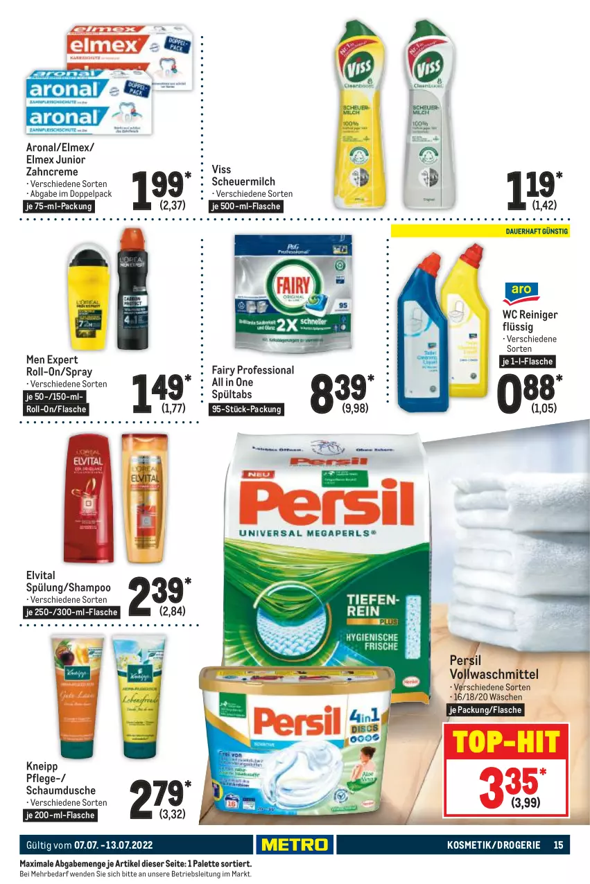 Aktueller Prospekt Metro - Food - von 07.07 bis 13.07.2022 - strona 15 - produkty: creme, dusche, elmex, elvital, fairy, flasche, Heu, je 500-ml-flasche, kneipp, kosmetik, milch, Palette, persil, reiniger, roll-on, Schaumdusche, scheuermilch, shampoo, spülung, Ti, top-hit, vita, vollwaschmittel, waschmittel, zahncreme