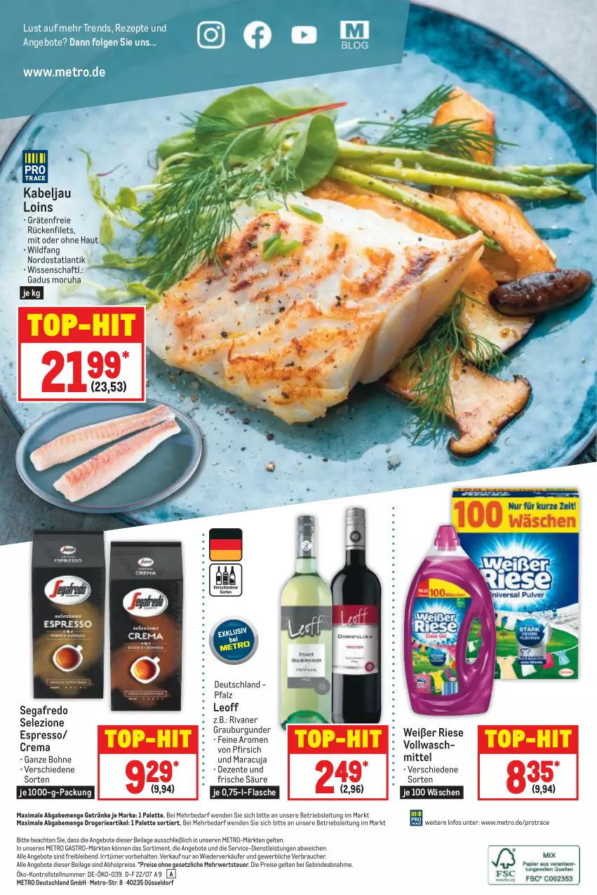 Aktueller Prospekt Metro - Food - von 07.07 bis 13.07.2022 - strona 16 - produkty: abholpreise, angebot, angebote, bohne, burgunder, eis, ente, espresso, filet, filets, flasche, getränk, getränke, grauburgunder, ilag, LG, maracuja, Metro, metro gastro, Palette, pfirsich, Rauch, reis, rezept, rezepte, Rivaner, rwe, Segafredo, Ti, top-hit, vollwaschmittel, waschmittel, Wild