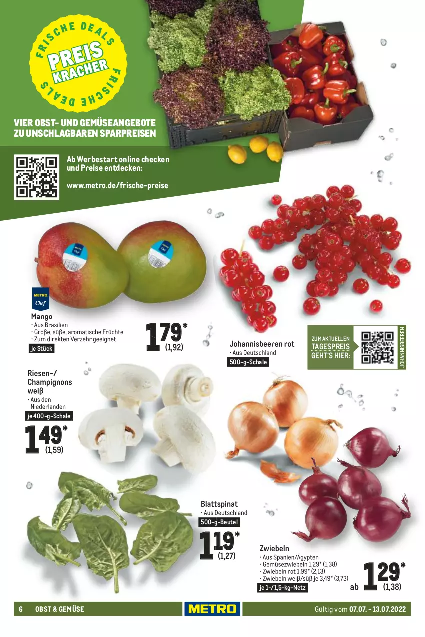 Aktueller Prospekt Metro - Food - von 07.07 bis 13.07.2022 - strona 6 - produkty: angebot, angebote, beere, beeren, beutel, blattspinat, champignon, champignons, decke, eis, elle, früchte, Gemüsezwiebel, johannisbeere, Johannisbeeren, mango, Metro, obst, reis, Schal, Schale, spinat, Ti, tisch, und gemüse, zwiebel, zwiebeln