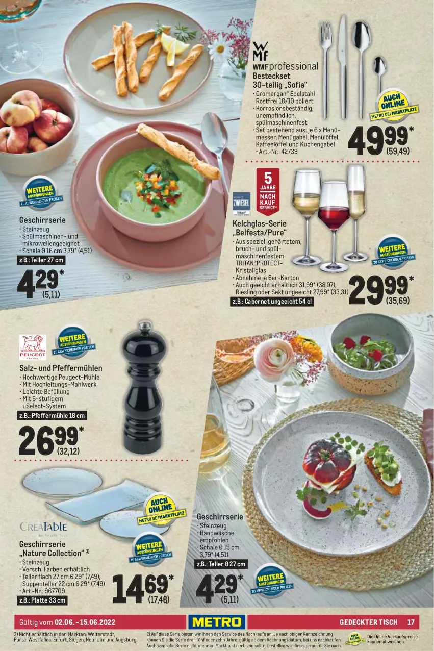 Aktueller Prospekt Metro - Kochen Spezial - von 01.06 bis 24.07.2022 - strona 17 - produkty: besteck, besteckset, cabernet, edelstahl, eis, elle, ente, gabel, geschirr, Geschirrserie, kaffee, kuchen, latte, LG, Löffel, messer, mikrowelle, natur, pfeffer, Pfeffermühle, reis, riesling, salz, Schal, Schale, sekt, Spezi, spülmaschinen, suppe, suppen, teller, Ti, tisch