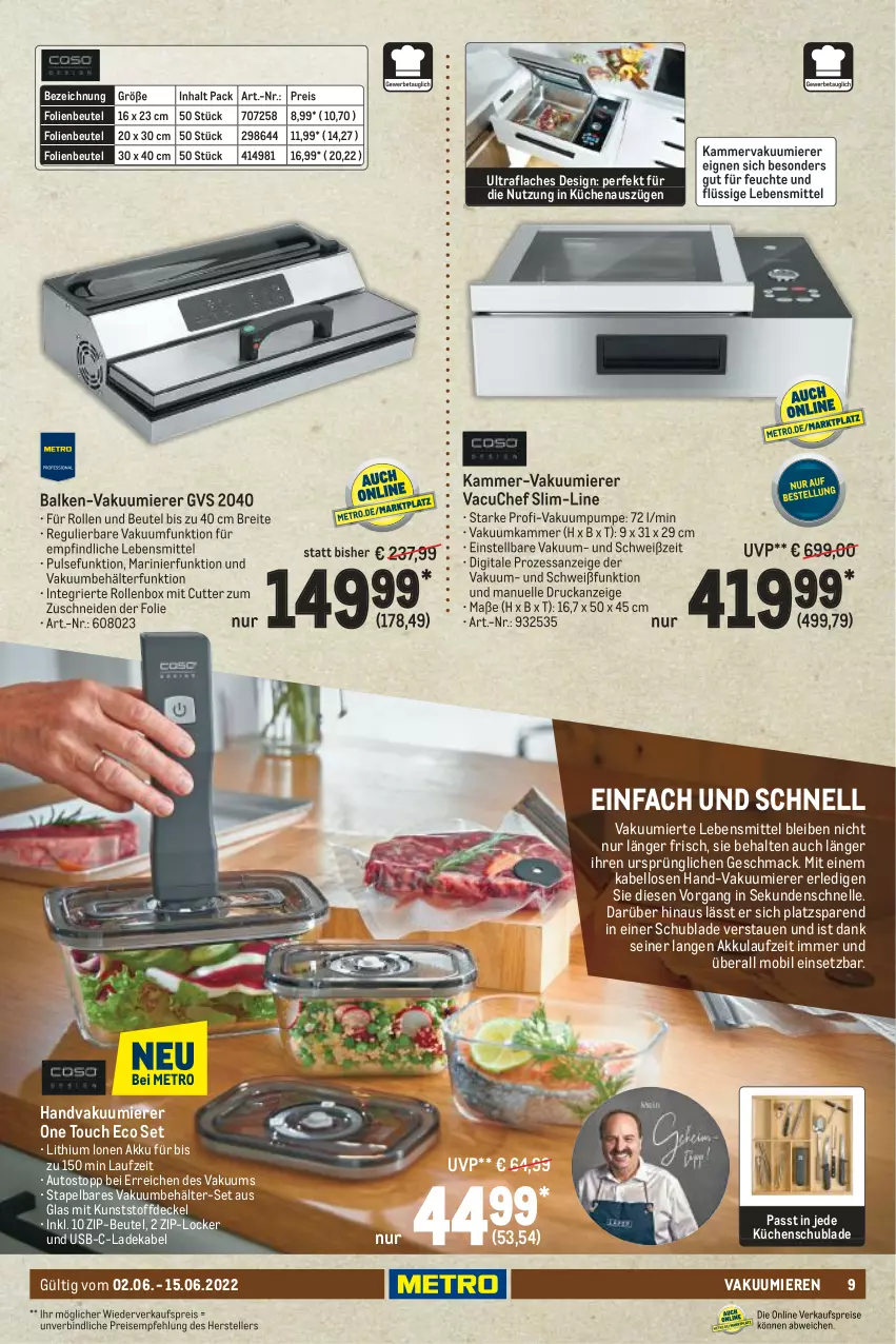 Aktueller Prospekt Metro - Kochen Spezial - von 01.06 bis 24.07.2022 - strona 9 - produkty: akku, auto, Behälter, beutel, Brei, decke, Deckel, deka, eis, elle, küche, Küchen, ladekabel, lebensmittel, mac, reis, Rollenbox, teller, Ti, usb, Vakuumierer