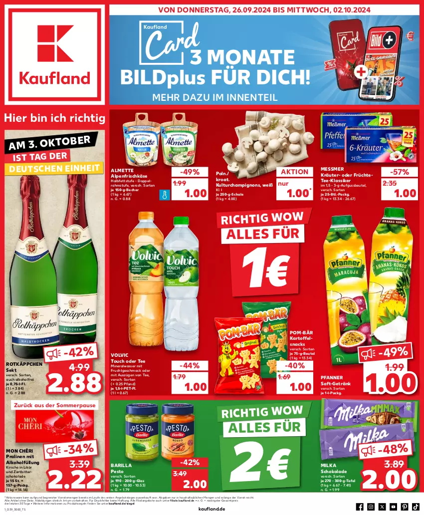 Aktueller Prospekt Kaufland - Prospekt - von 26.09 bis 02.10.2024 - strona 1 - produkty: alkohol, almette, alpenfrischkäse, Alwa, angebot, angebote, barilla, Becher, beutel, champignon, champignons, doppelrahmstufe, eis, ente, frischkäse, frucht, früchte, Früchtetee, getränk, kartoffel, Käse, kirsch, kirsche, kräuter, likör, mac, Mett, milka, milka schokolade, mineralwasser, mit frucht, Mon Chéri, pesto, pfanne, Pfanner, pom-bär, pralinen, reis, rotkäppchen, saft, Schal, Schale, schoko, schokolade, sekt, snack, snacks, tee, Ti, volvic, wasser, Zartbitterschokolade, ZTE