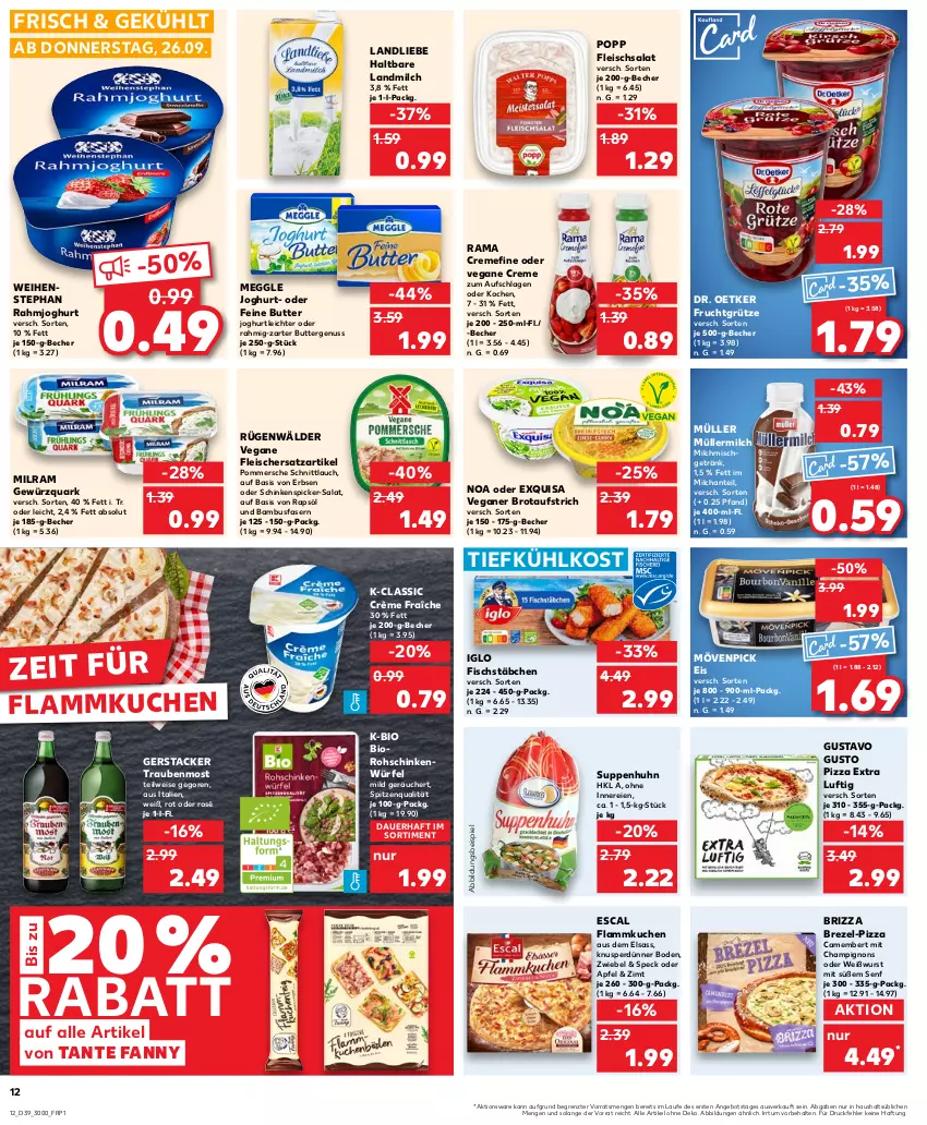 Aktueller Prospekt Kaufland - Prospekt - von 26.09 bis 02.10.2024 - strona 12 - produkty: angebot, apfel, auer, aufstrich, bambus, Becher, bio, brezel, brot, brotaufstrich, butter, camembert, champignon, champignons, creme, crème fraîche, Dr. Oetker, eis, erbsen, escal, exquisa, fisch, fischstäbchen, flammkuchen, fleisch, fleischsalat, frucht, fruchtgrütze, getränk, gewürz, gewürzquark, grütze, iglo, joghur, joghurt, kuchen, lamm, landliebe, landmilch, meggle, milch, milram, mövenpick, mövenpick eis, Müller, müllermilch, nuss, pizza, Pommersche, Popp, quark, rahmjoghurt, rama, rama cremefine, rapsöl, rohschinken, salat, schinken, Schinkenspicker, schnittlauch, senf, Speck, spitzenqualität, suppe, suppen, Suppenhuhn, tante fanny, Ti, tiefkühlkost, trauben, Vegane Fleisch, weihenstephan, Weißwurst, würfel, wurst, ZTE, zwiebel