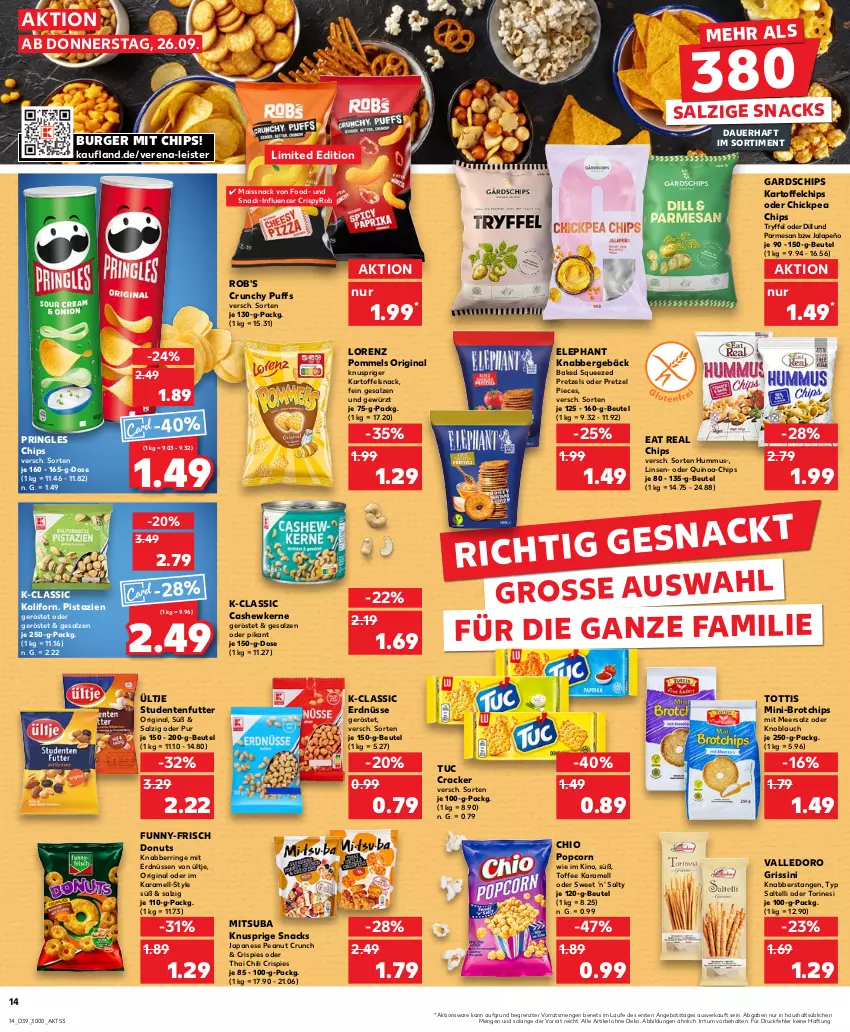 Aktueller Prospekt Kaufland - Prospekt - von 26.09 bis 02.10.2024 - strona 14 - produkty: angebot, auer, beutel, brot, burger, Cashew, cashewkerne, chili, chips, cracker, Donut, donuts, eis, ente, erdnüsse, erdnüssen, funny-frisch, gewürz, gin, grissini, hummus, jalapeño, karamell, kartoffel, kartoffelchips, knoblauch, linsen, lorenz, mais, meersalz, pistazien, Pommels, popcorn, Pretzel, pringles, quinoa, ring, salz, snack, snacks, studentenfutter, Ti, tuc, ültje, ZTE