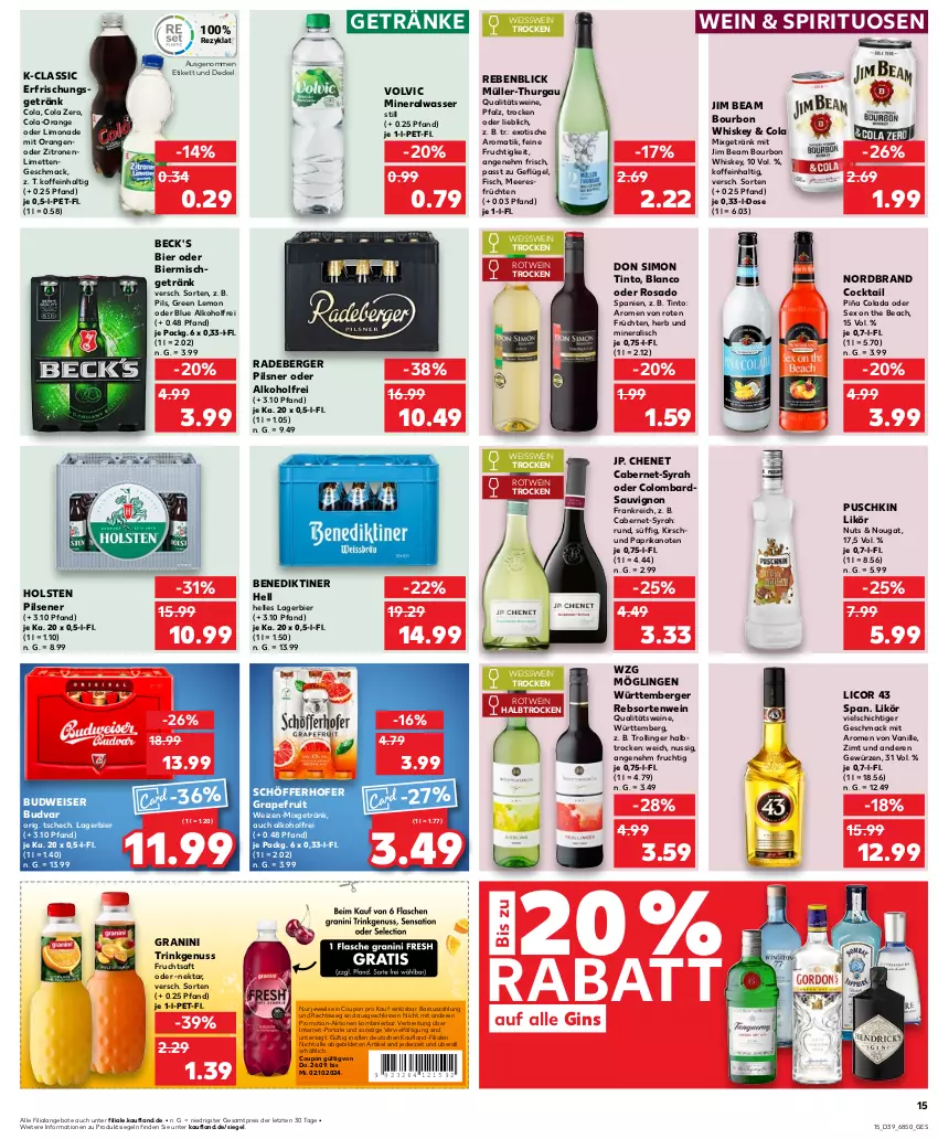 Aktueller Prospekt Kaufland - Prospekt - von 26.09 bis 02.10.2024 - strona 15 - produkty: alkohol, Alwa, angebot, angebote, beck's, Benediktiner, Berger, bier, bourbon, bourbon whiskey, Brei, budweiser, cabernet, cocktail, cola, coupon, decke, Deckel, eis, elle, erfrischungsgetränk, fisch, frucht, früchte, früchten, fruchtsaft, Geflügel, getränk, getränke, gewürz, gin, granini, grapefruit, holsten, holsten pilsener, jim beam, kirsch, Lagerbier, licor, licor 43, likör, limette, limetten, limo, limonade, mac, meeresfrüchte, Mett, metten, mineralwasser, Mineralwasser Still, Mixgetränk, Müller, Müller-Thurgau, Nektar, nordbrand, nuss, orange, orangen, paprika, pils, pilsener, pilsner, qualitätswein, qualitätsweine, radeberger, radeberger pilsner, reis, rotwein, saft, sauvignon, schöfferhofer, sim, spirituosen, Ti, tisch, trolli, trollinger, vanille, volvic, wasser, wein, weine, whiskey, zitrone, zitronen, ZTE