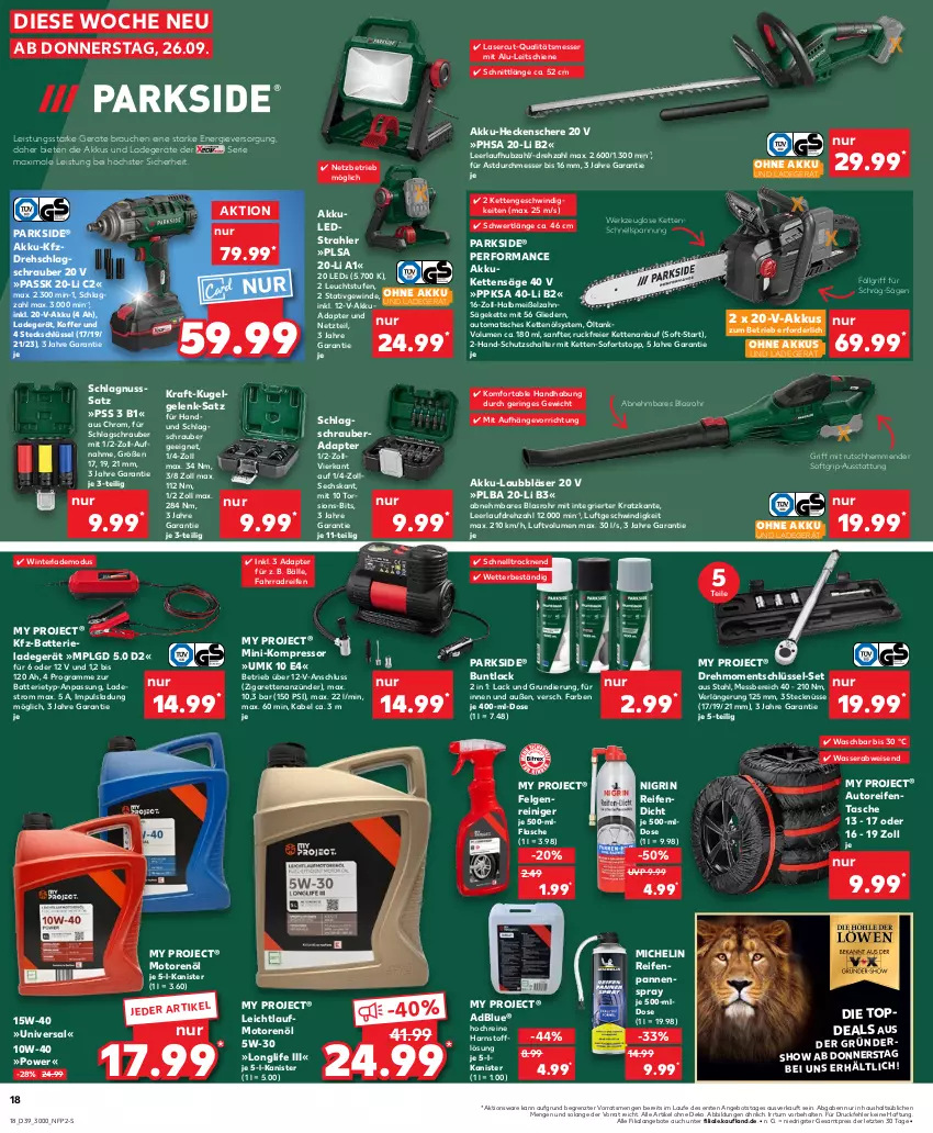 Aktueller Prospekt Kaufland - Prospekt - von 26.09 bis 02.10.2024 - strona 18 - produkty: adapter, adblue, akku, akku-heckenschere, akkuschrauber, angebot, angebote, anzünder, aufbewahrungsbox, auto, batterie, eier, eis, Fahrrad, felgen, Felgenreiniger, flasche, heckenschere, Kette, koffer, kompressor, kraft, Kugel, lack, ladegerät, leds, LG, longlife, messer, Michelin, motorenöl, Nigrin, nuss, ohne akku und ladegerät, Parkside, passend für alle, Rauch, reifen, reiniger, reis, ring, säge, Schal, Schere, Tasche, Ti, tisch, wasser, werkzeug, ZTE