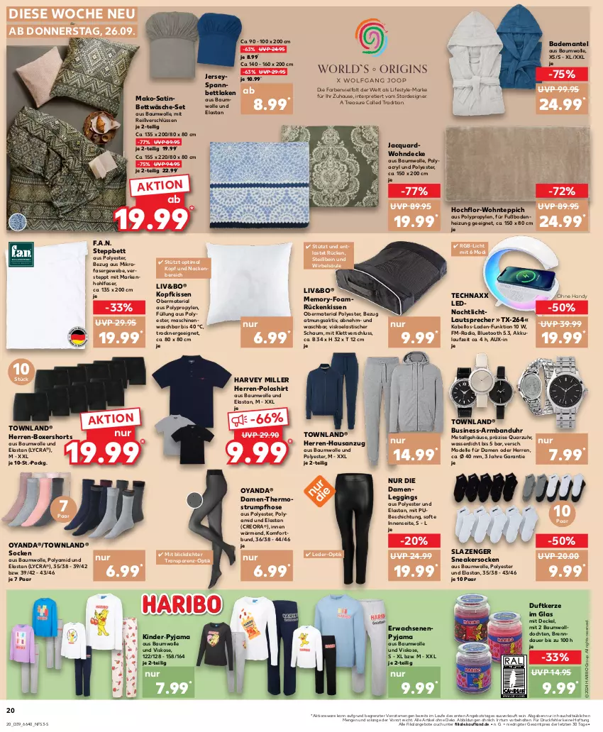 Aktueller Prospekt Kaufland - Prospekt - von 26.09 bis 02.10.2024 - strona 20 - produkty: akku, angebot, angebote, Anzug, Armband, Armbanduhr, asti, auer, Bad, Bademantel, Bau, baumwolle, bett, bettwäsche, decke, Deckel, dell, Duftkerze, eis, elle, Ergee, gin, Handy, haribo, herren-polo, hose, kerze, Kinder, kissen, kopfkissen, lautsprecher, leggings, LG, Mantel, mikrofaser, Mode, Nachtlicht, poloshirt, Pyjama, Radio, reis, Ria, Rückenkissen, rum, shirt, shorts, slazenger, sneaker, sneakersocken, socken, spannbettlaken, steppbett, Strumpfhose, technaxx, teppich, Thermostrumpfhose, Ti, tisch, Trockner, uhr, wasser, wolle, ZTE