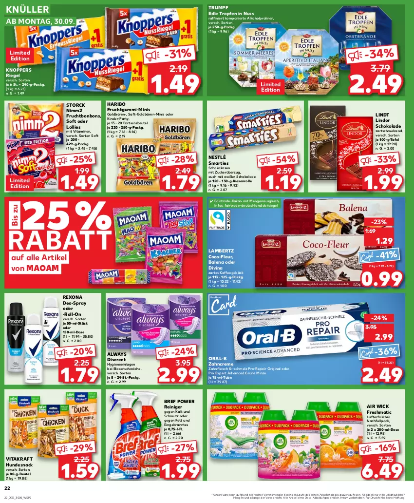 Aktueller Prospekt Kaufland - Prospekt - von 26.09 bis 02.10.2024 - strona 22 - produkty: Air Wick, alkohol, Alwa, Always, Amber, angebot, beutel, bonbons, Bref, bref power, creme, deo, Discreet, eis, fleisch, frucht, fruchtgummi, gin, goldbären, haribo, hundesnack, kaffee, kakao, Kinder, knoppers, kraft, lambertz, lindor, lindt, linsen, lufterfrischer, maoam, minze, nestlé, nimm2, nuss, oral-b, portionsbeutel, pralinen, pro-repair, reiniger, rexona, riegel, roll-on, rum, saft, schoko, schokolade, Schokolinsen, smarties, snack, storck, Ti, vita, vitakraft, Vitamine, WICK, zahncreme, ZTE, zucker