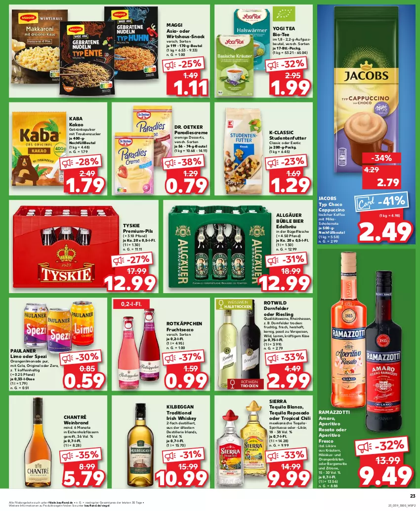 Aktueller Prospekt Kaufland - Prospekt - von 26.09 bis 02.10.2024 - strona 23 - produkty: amaro, angebot, angebote, aperitivo rosato, Bergamotte, beutel, bier, bio, Blüte, bügel, bügelflasche, Cap, cappuccino, chantré, chili, cin, cola, creme, dessert, desserts, dornfelder, Dr. Oetker, ecco, eis, ente, flasche, frucht, fruchtsecco, getränk, getränke, getränkepulver, gin, Holz, irish whiskey, jacobs, kaffee, kakao, Käse, kilbeggan, kräuter, kräutern, lamm, LG, likör, limo, limonade, löslicher kaffee, maggi, milka, orange, orangen, Paula, paulaner, pils, qualitätswein, qualitätsweine, rama, ramazzott, ramazzotti, reis, riesling, rosato, rotkäppchen, rotwein, schoko, Sierra, sierra tequila, snack, Spezi, studentenfutter, tee, tequila, Ti, trauben, tyskie, vorspeise, wein, weinbrand, weine, whiskey, Wild, Yo, zitrone, zott, ZTE, zucker