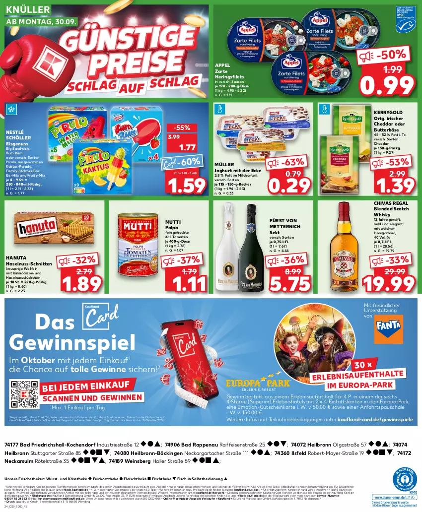 Aktueller Prospekt Kaufland - Prospekt - von 26.09 bis 02.10.2024 - strona 24 - produkty: angebot, angebote, Astra, Bad, Becher, bio, blended scotch, blended scotch whisky, butter, butterkäse, cheddar, creme, drucker, eis, Engel, erde, feinkost, feinkosttheke, filet, filets, fisch, fischtheke, fleisch, fürst von metternich, gewinnspiel, gutschein, hanuta, haselnuss, hering, Herings, heringsfilets, honig, joghur, joghurt, joghurt mit der ecke, kakao, Käse, käsetheke, kerrygold, kerze, LG, Mett, metternich, milch, Müller, Mutti, nestlé, nestlé schöller, nuss, regal, reis, ring, sandwich, sauce, saucen, Schal, Schale, schnitten, Schöller, scotch, scotch whisky, sekt, Spiele, Ti, tomate, tomaten, waffeln, wein, whisky, wurst, ZTE