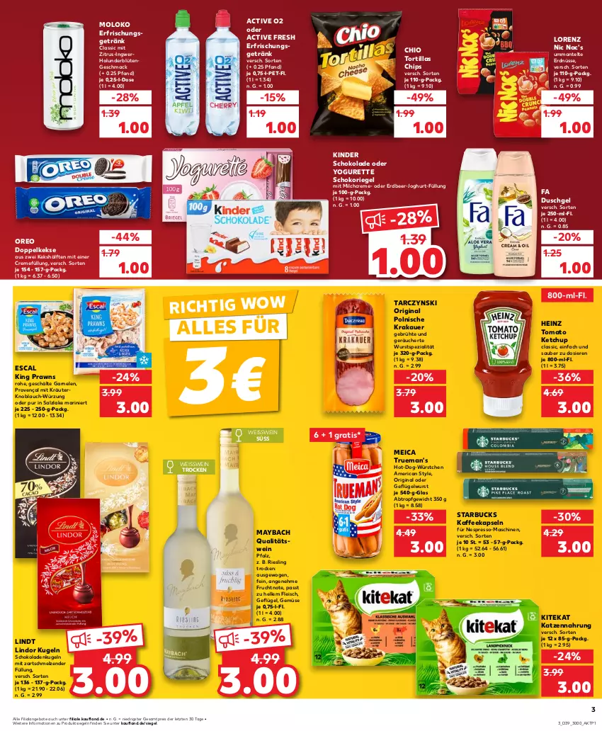 Aktueller Prospekt Kaufland - Prospekt - von 26.09 bis 02.10.2024 - strona 3 - produkty: angebot, angebote, auer, Blüte, chips, creme, Doppelkekse, duschgel, eis, elle, erdnüsse, erfrischungsgetränk, escal, espresso, fa duschgel, fleisch, frucht, garnelen, Geflügel, getränk, gin, heinz, holunder, holunderblüte, ingwer, joghur, joghurt, kaffee, kaffeekapseln, katzennahrung, keks, kekse, ketchup, Kinder, kinder schokolade, kitekat, knoblauch, krakauer, kräuter, Kugel, lindor, lindt, lorenz, mac, Mantel, maybach, meica, milch, nespresso, nic nac's, oder yogurette, oreo, prawns, qualitätswein, reis, riegel, riesling, salz, schoko, schokolade, schokoladen, schokoriegel, Spezi, starbucks, Ti, tomato ketchup, tortilla, tortillas, wein, wurst, würstchen, Yo, yogurette, ZTE