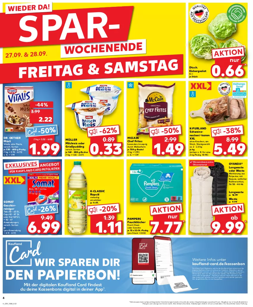 Aktueller Prospekt Kaufland - Prospekt - von 26.09 bis 02.10.2024 - strona 4 - produkty: angebot, Becher, beutel, Cap, die kaufland, Dr. Oetker, eis, eisbergsalat, elle, erde, feuchttücher, geschirr, Grießpudding, mccain, milch, milchreis, Müller, müsli, pampers, papier, Paula, pudding, purland, rapsöl, reiniger, reis, Ria, salat, schwein, schweine, schweinenacken, somat, Ti, tücher, vita, vitalis, wasser, wein, weine, Weste, ZTE