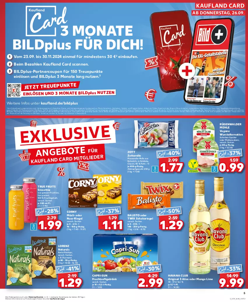 Aktueller Prospekt Kaufland - Prospekt - von 26.09 bis 02.10.2024 - strona 5 - produkty: angebot, angebote, auto, balisto, Cap, capri-sun, chips, corny, coupon, eis, erde, frucht, früchte, früchten, fruchtsaft, fruchtsaftgetränk, getränk, gin, gutschein, Havana Club, kartoffel, kartoffelchips, kerze, LG, lorenz, mango, milch, mozzarella, müsli, natur, natura, nuss, oder twix, reis, rel, riegel, rosmarin, rügenwalder, rügenwalder mühle, saft, salami, salz, Schal, schinken, schoko, schokoriegel, smoothie, Sushi, Tasche, taschen, Tchibo, telefon, Ti, tisch, tomate, tomaten, true fruits, twix, wurst, zott, zottarella, ZTE