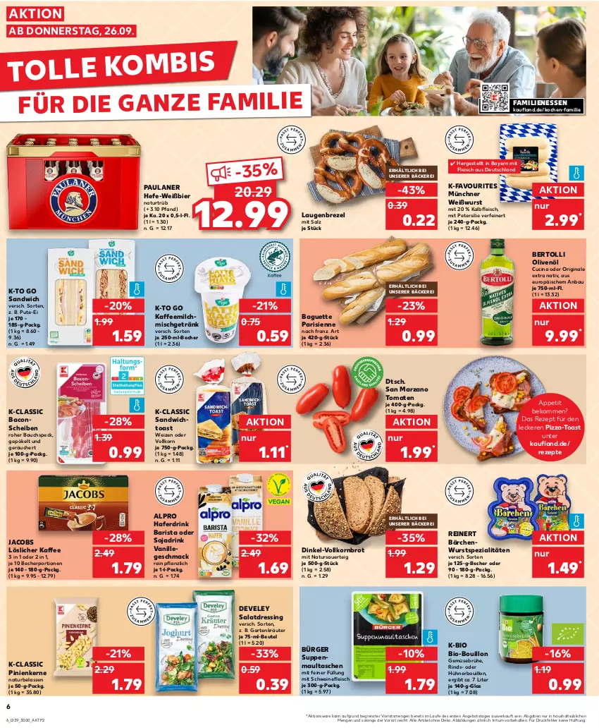 Aktueller Prospekt Kaufland - Prospekt - von 26.09 bis 02.10.2024 - strona 6 - produkty: alpro, angebot, auer, bacon, baguette, Bau, Becher, beko, bertolli, beutel, bier, bio, brezel, brot, Brühe, cin, develey, dressing, drink, eis, fleisch, Garten, Gemüsebrühe, getränk, gin, hafer, Haferdrink, Hefe, hühner, jacobs, kaffee, Kaffeemilch, Kalbfleisch, korn, Kornbrot, kräuter, Laugenbrezel, löslicher kaffee, mac, maultaschen, milch, natur, olive, oliven, olivenöl, Paula, paulaner, petersilie, pinienkerne, pizza, pute, reinert, rezept, rezepte, rind, salat, salatdressing, salz, sandwich, schwein, schweine, schweinefleisch, soja, Sojadrink, Speck, Spezi, suppe, suppen, Tasche, taschen, Ti, toast, tomate, tomaten, vanille, vollkornbrot, wein, weine, Weißwurst, wurst, ZTE