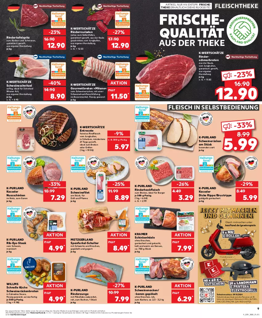 Aktueller Prospekt Kaufland - Prospekt - von 26.09 bis 02.10.2024 - strona 9 - produkty: angebot, angebote, bacon, besteck, braten, burger, dell, E-Roller, eis, Elektro, elle, filet, fleisch, fleisch in selbstbedienung, für grill und pfanne, geschirr, gewinnspiel, gewürz, grill, grill und pfanne, gutschein, hackfleisch, ideal zum braten, ilag, jungbullen, kasseler, küche, mac, Mantel, Mode, natur, nuss, pfanne, purland, reis, rind, rinder, rinderhackfleisch, Rinderroulade, rinderrouladen, Rinderzunge, rindfleisch, Roller, rouladen, Rückenbraten, saft, sauce, schinken, schmorbraten, schnitten, schnitzel, schwein, schweine, schweinefilet, Schweinehackfleisch, schweinenacken, schweinerücken, schweineschnitzel, Spiele, steak, tafelspitz, teller, Ti, und pfanne, wein, weine, wiener, ZTE