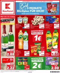 Gazetka promocyjna Kaufland - Prospekt - Gazetka - ważna od 02.10 do 02.10.2024 - strona 1 - produkty: alkohol, almette, alpenfrischkäse, Alwa, angebot, angebote, barilla, Becher, beutel, champignon, champignons, doppelrahmstufe, eis, ente, frischkäse, frucht, früchte, Früchtetee, getränk, kartoffel, Käse, kirsch, kirsche, kräuter, likör, mac, Mett, milka, milka schokolade, mineralwasser, mit frucht, Mon Chéri, pesto, pfanne, Pfanner, pom-bär, pralinen, reis, rotkäppchen, saft, Schal, Schale, schoko, schokolade, sekt, snack, snacks, tee, Ti, volvic, wasser, Zartbitterschokolade, ZTE