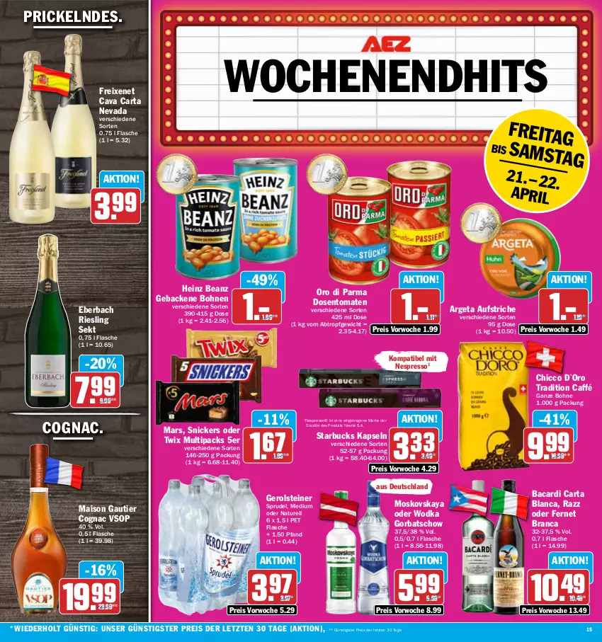 Aktueller Prospekt Aez - Prospekte - von 17.04 bis 22.04.2023 - strona 15 - produkty: aufstrich, bacardi, beanz, bohne, bohnen, Cava, Cognac, eis, espresso, Fernet, fernet branca, flasche, freixenet, geback, gerolsteine, gerolsteiner, Gorbatschow, heinz, mais, mars, moskovskaya, natur, nespresso, nestlé, oder twix, oro di parma, pril, reis, rel, riesling, sekt, snickers, Sprudel, starbucks, steiner, Ti, tomate, tomaten, twix, wodka, ZTE