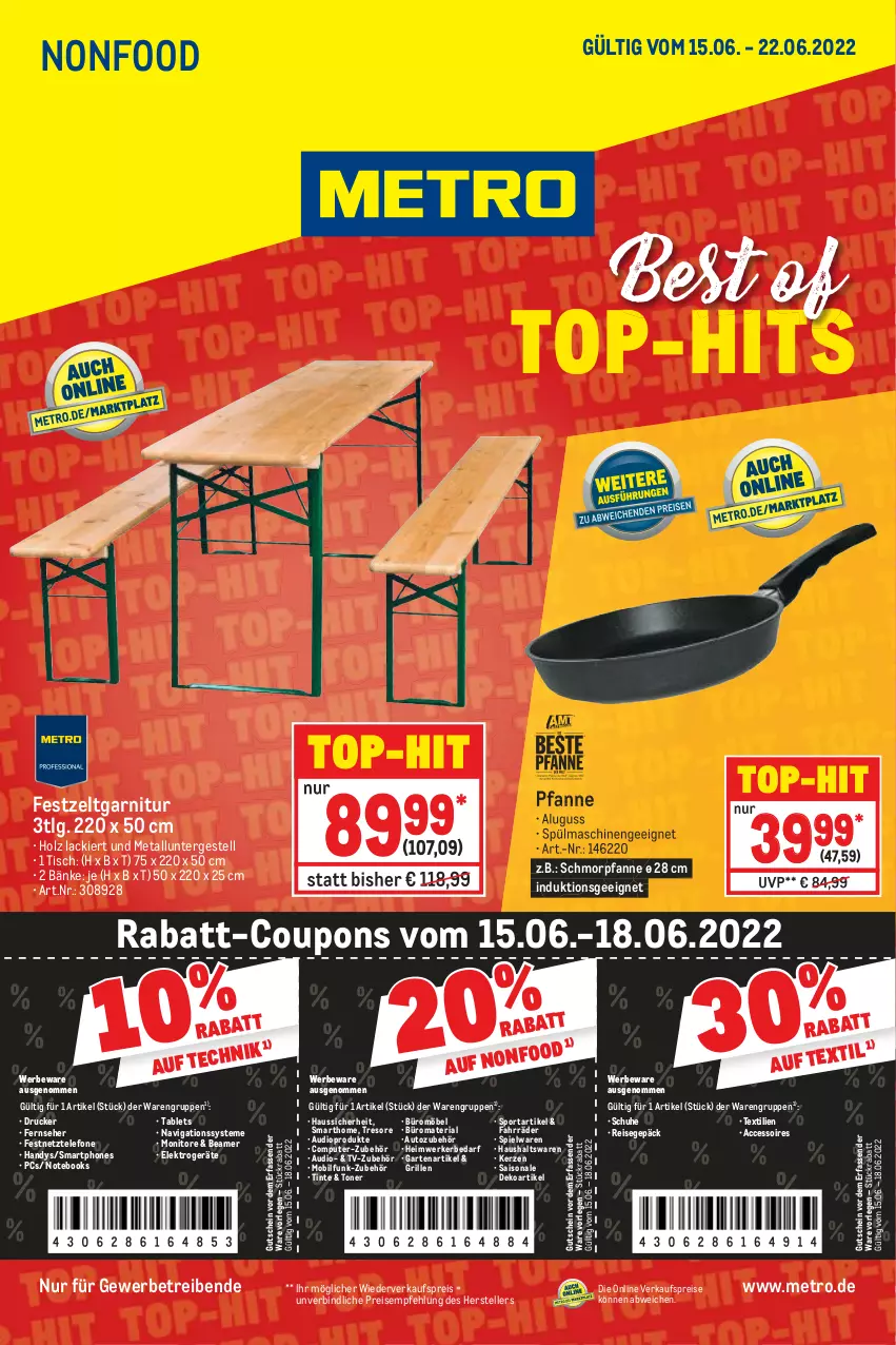 Aktueller Prospekt Metro - NonFood - von 15.06 bis 22.06.2022 - strona 1 - produkty: ACC, accessoires, auto, Autozubehör, computer, coupon, coupons, drucker, eis, Elektro, elektrogeräte, elle, fernseher, garnitur, Garten, grill, gutschein, Handy, Holz, kerze, lack, LG, Metro, möbel, monitor, Monitore, notebook, notebooks, pfanne, pute, rabatt-coupon, reis, Ria, schmorpfanne, schuhe, smartphone, smartphones, spielwaren, Sport, spülmaschinen, tablet, Tablets, telefon, teller, Ti, tisch, Toner, top-hit, Zelt, ZTE