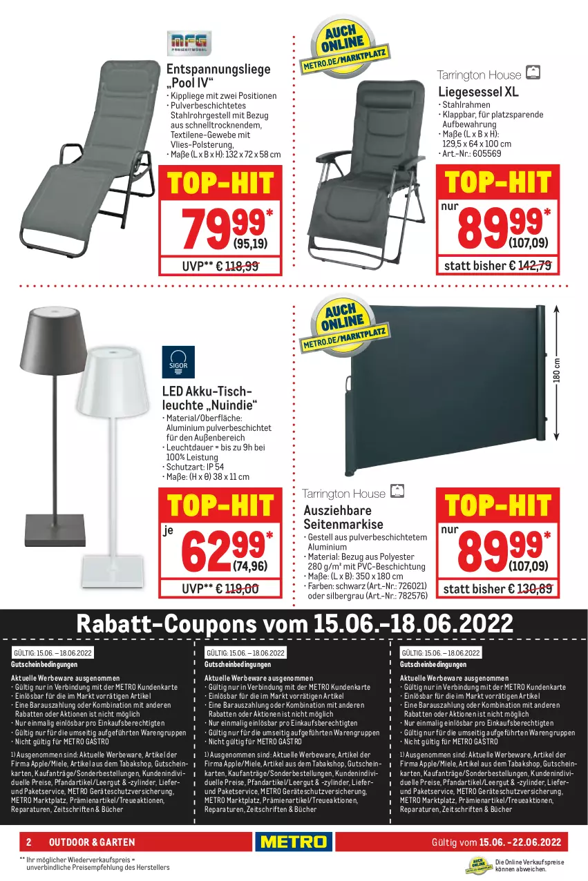 Aktueller Prospekt Metro - NonFood - von 15.06 bis 22.06.2022 - strona 2 - produkty: akku, Apple, auer, coupon, coupons, eis, elle, Garten, gutschein, Leuchte, Liege, Metro, metro gastro, miele, pool, rabatt-coupon, reis, Ria, Seitenmarkise, sessel, teller, Ti, tisch, tischleuchte, top-hit