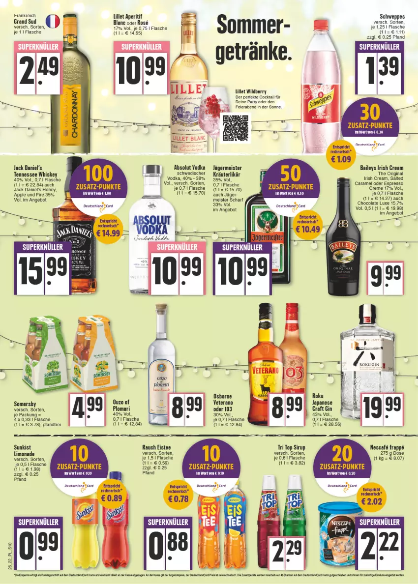 Aktueller Prospekt E Center - Angebote der Woche - von 27.06 bis 02.07.2022 - strona 10 - produkty: Absolut Vodka, angebot, aperitif, Apple, baileys, caramel, cocktail, cola, creme, deutschland card, deutschlandcard, eier, eis, eistee, emmi, erde, espresso, flasche, Germ, getränk, getränke, gin, grand sud, irish cream, jack daniel, Jack Daniel’s, jägermeister, kräuter, kräuterlikör, LG, likör, lillet, limo, limonade, Meister, nescafe, oder espresso, ouzo, Rauch, reis, schweppes, sirup, tee, tennessee whiskey, Ti, veterano, vodka, whiskey, Wild