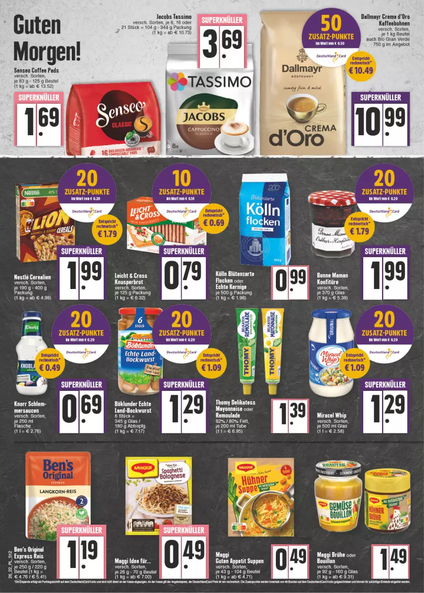 Aktueller Prospekt E Center - Angebote der Woche - von 27.06 bis 02.07.2022 - strona 12 - produkty: angebot, beutel, bio, Blüte, bockwurst, bohne, bohnen, bonne maman, brot, Brühe, cerealien, dallmayr, eis, ente, erde, jacobs, jacobs tassimo, kaffee, kaffeebohnen, knorr, kölln, konfitüre, korn, maggi, mam, mayonnaise, miracel, miracel whip, reis, remoulade, sauce, saucen, senseo, sim, tassimo, tee, wurst, Yo