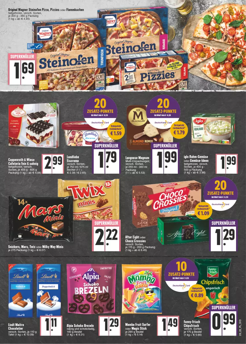 Aktueller Prospekt E Center - Angebote der Woche - von 27.06 bis 02.07.2022 - strona 13 - produkty: after eight, alpia, Becher, bett, beutel, brezel, Brezeln, chips, chipsfrisch, choco crossies, cola, creme, crossies, eis, eiscreme, flammkuchen, gin, iglo, kuchen, lamm, landliebe, langnese, mam, mars, milky way, Ofen, pizza, rahm-gemüse, Ria, schoko, snickers, steinofen, steinofen pizza, Surf, tee, Ti, twix, wagner