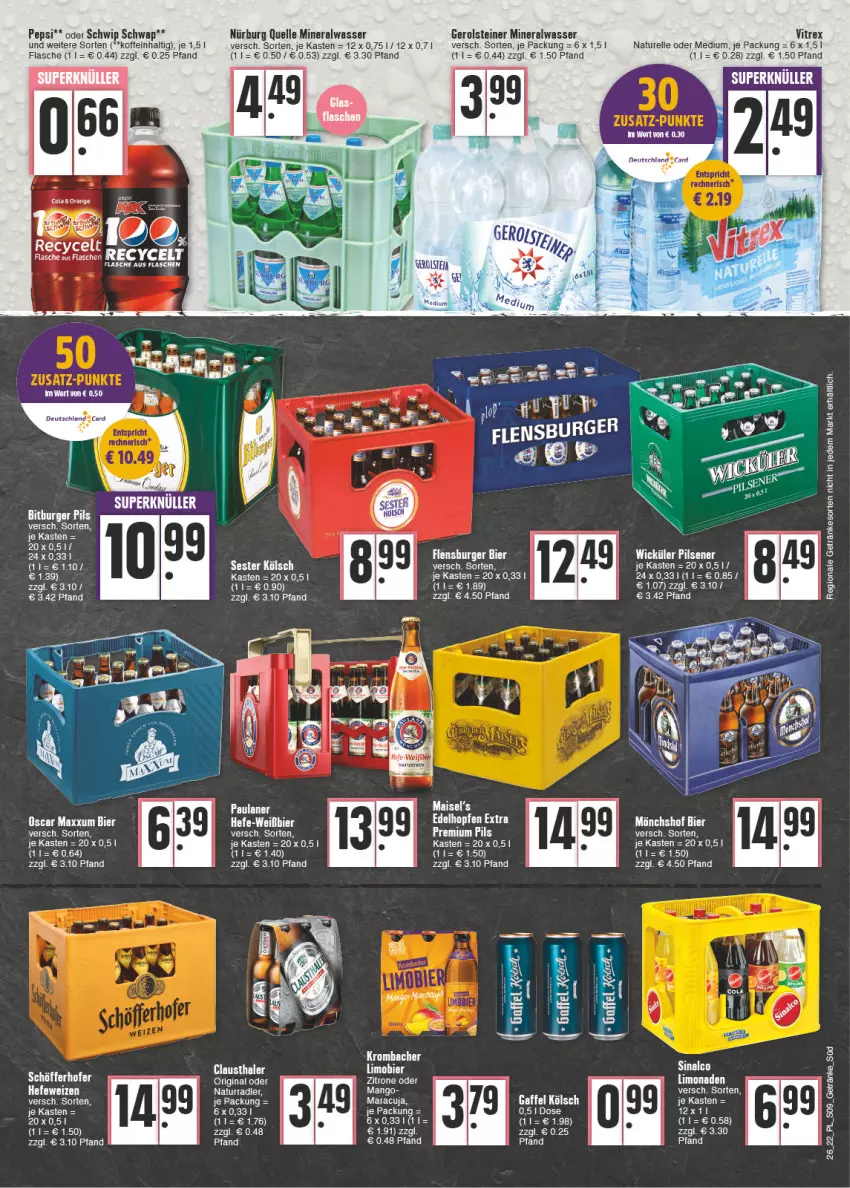 Aktueller Prospekt E Center - Angebote der Woche - von 27.06 bis 02.07.2022 - strona 9 - produkty: Alwa, aust, bier, clausthaler, cola, elle, flasche, gerolsteine, gerolsteiner, gin, Hefe, hefeweizen, Heu, krombache, krombacher, mango, maracuja, mineralwasser, natur, orange, pepsi, pils, pilsener, rel, Schwip Schwap, sinalco, steiner, tee, Ti, vitrex, wasser, WICK