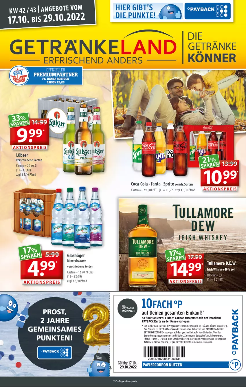 Aktueller Prospekt Getraenkeland - von 17.10 bis 29.10.2022 - strona 1 - produkty: Alwa, bestpreis, coca-cola, cola, coupon, eis, fanta, flasche, getränk, getränke, irish whiskey, Lübzer, mineralwasser, payback, reis, Ria, sprite, tee, telefon, Ti, tullamore, tullamore dew, wasser, whiskey