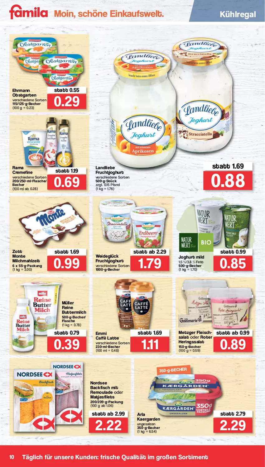 Aktueller Prospekt Famila - Prospekte - von 17.01 bis 22.01.2022 - strona 10 - produkty: arla, backfisch, Becher, butter, buttermilch, caffè latte, creme, ehrmann, eis, emmi, filet, filets, fisch, flasche, fleisch, fleischsalat, frucht, fruchtjoghurt, Garten, hering, Herings, joghur, joghurt, joghurt mild, kühlregal, landliebe, latte, matjes, Matjesfilet, matjesfilets, milch, monte, Müller, Nordsee, obst, obstgarten, rama, rama cremefine, regal, reine buttermilch, remoulade, ring, salat, salz, Ti, zott, Zott Monte