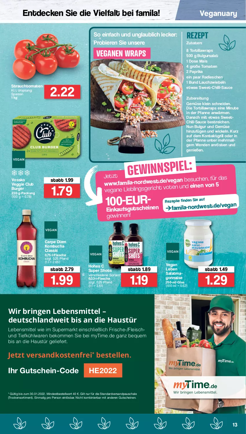 Aktueller Prospekt Famila - Prospekte - von 17.01 bis 22.01.2022 - strona 13 - produkty: aust, beko, bier, Biere, buch, bulgur, burger, chili, decke, eis, elle, flasche, fleisch, grill, gutschein, gutscheine, Hohes C, kontaktgrill, Lauchzwiebel, lauchzwiebeln, lebensmittel, LG, mais, mayonnaise, ndk, paprika, pfanne, radieschen, Rauch, rezept, rezepte, ring, salat, sauce, Schal, Schale, strauchtomaten, Ti, Tiefkühlware, tomate, tomaten, tortilla, und gemüse, veggie, versandkostenfrei, vossko, WICK, wrap, wraps, Yo, zwiebel, zwiebeln