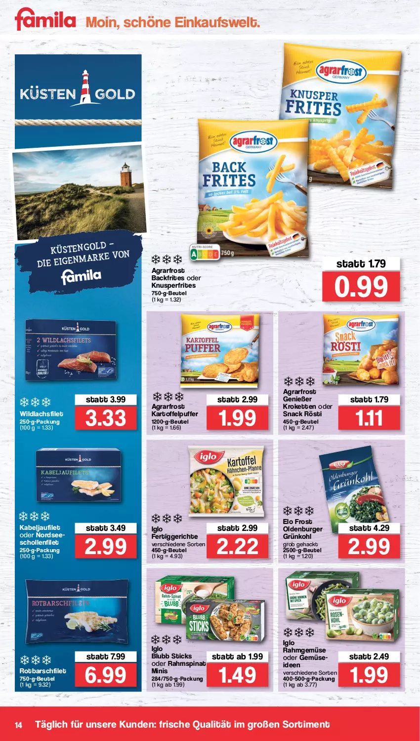 Aktueller Prospekt Famila - Prospekte - von 17.01 bis 22.01.2022 - strona 14 - produkty: agrarfrost, beutel, burger, fertiggericht, fertiggerichte, filet, iglo, kabeljaufilet, kartoffel, kartoffelpuffer, Kette, Kroketten, lachs, lachsfilet, Nordsee, Rahmgemüse, Rotbarsch, rotbarschfilet, scholl, snack, spinat, Ti, Wild, wildlachs