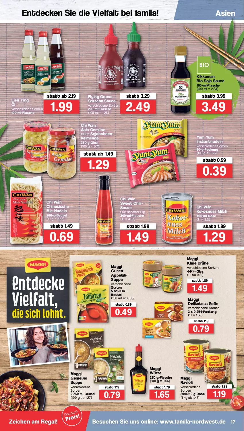 Aktueller Prospekt Famila - Prospekte - von 17.01 bis 22.01.2022 - strona 17 - produkty: beutel, bio, bohne, bohnen, Brühe, chili, decke, dip, flasche, kikkoman, kokos, kokosnuss, maggi, maggi würze, milch, nudel, nudeln, nuss, ravioli, regal, sauce, soja, Soße, Sriracha, suppe, Ti, Yum Yum