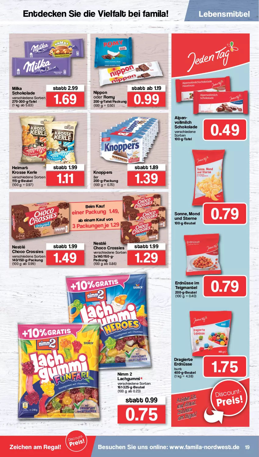 Aktueller Prospekt Famila - Prospekte - von 17.01 bis 22.01.2022 - strona 19 - produkty: beutel, choco crossies, crossies, decke, erdnüsse, knoppers, lachgummi, lebensmittel, Mantel, milch, milka, milka schokolade, nestlé, Nimm 2, nippon, regal, schoko, schokolade, vollmilch