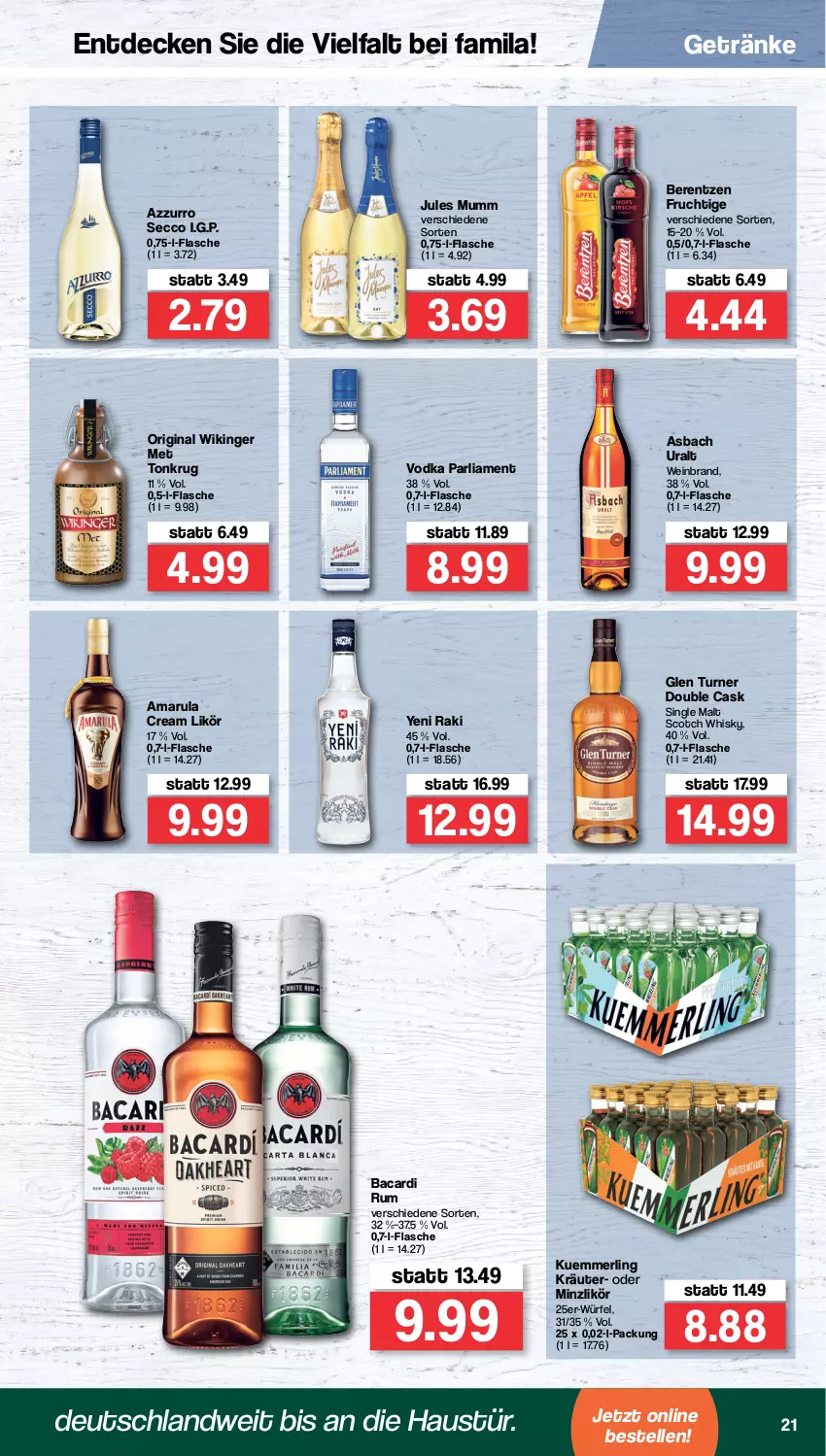 Aktueller Prospekt Famila - Prospekte - von 17.01 bis 22.01.2022 - strona 21 - produkty: amarula, asbach uralt, aust, bacardi, bacardi rum, berentzen, decke, ecco, elle, flasche, frucht, getränk, getränke, gin, jules mumm, kräuter, kuemmerling, likör, merl, mumm, rum, scotch, scotch whisky, single malt, Ti, vodka, wein, weinbrand, whisky, würfel, yeni raki