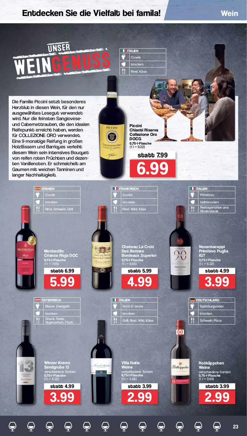 Aktueller Prospekt Famila - Prospekte - von 17.01 bis 22.01.2022 - strona 23 - produkty: auer, blauer zweigelt, burgunder, cabernet, chateau, chia, chianti, cin, cuvée, decke, ente, erde, fisch, flasche, früchte, früchten, grill, Holz, Käse, monati, monte, nero, pasta, Pastagericht, pizza, primitivo, reifen, Ria, rind, rinder, Rindersteak, rioja, riserva, rotkäppchen, rwe, salat, schwein, snack, spätburgunder, steak, Ti, trauben, vanille, Vegeta, wein, weine, Wild, Zweigelt