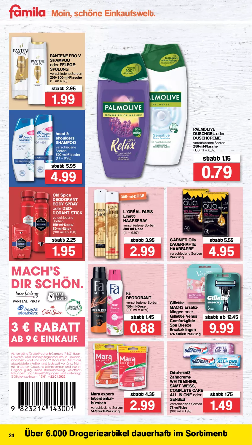 Aktueller Prospekt Famila - Prospekte - von 17.01 bis 22.01.2022 - strona 24 - produkty: auer, body, bree, bürste, bürsten, coupon, coupons, creme, deo, deodorant, duschcreme, duschgel, eis, elnett, erde, flasche, garnier, gillette, gillette venus, gin, haarspray, körperpflege, L´Oréal, mac, mach3, Odol, Old Spice, olive, palmolive, pantene, pantene pro-v, pro-v, shampoo, spülung, Ti, venus, zahncreme