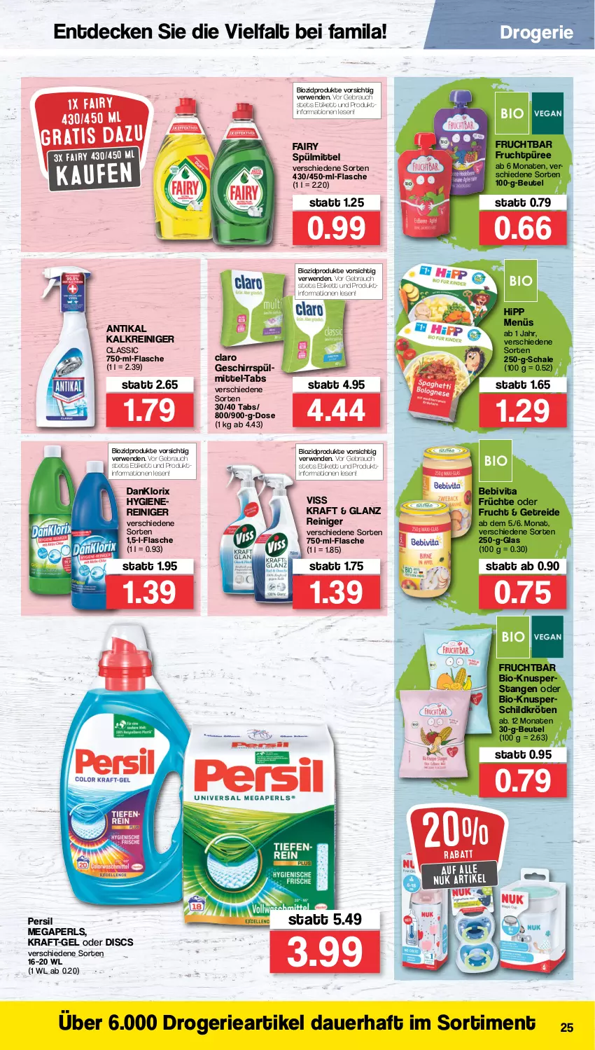 Aktueller Prospekt Famila - Prospekte - von 17.01 bis 22.01.2022 - strona 25 - produkty: auer, bebivita, beutel, bio, biozidprodukte, danklorix, decke, fairy, flasche, frucht, früchte, geschirr, geschirrspülmittel, hipp, Kalkreiniger, kraft, megaperls, nuk, persil, püree, Rauch, reiniger, rwe, Schal, Schale, spülmittel, Ti, vita