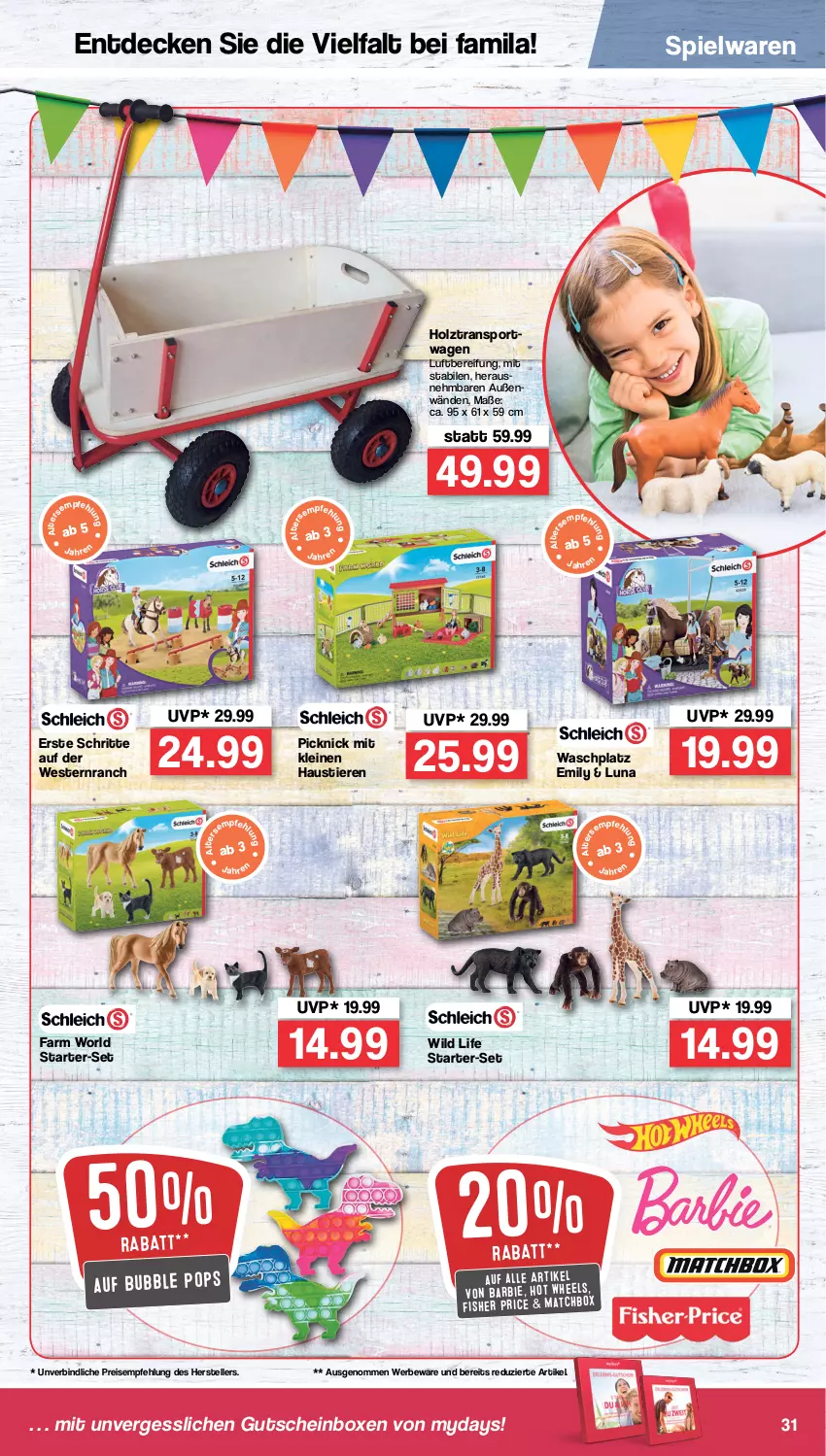 Aktueller Prospekt Famila - Prospekte - von 17.01 bis 22.01.2022 - strona 31 - produkty: aust, Barbie, decke, eis, elle, gutschein, Holz, Hot Wheels, HP, leine, mydays, reis, spielwaren, Sport, Stier, teller, Ti, Tiere, Transportwagen, Waschplatz, Weste, Wild