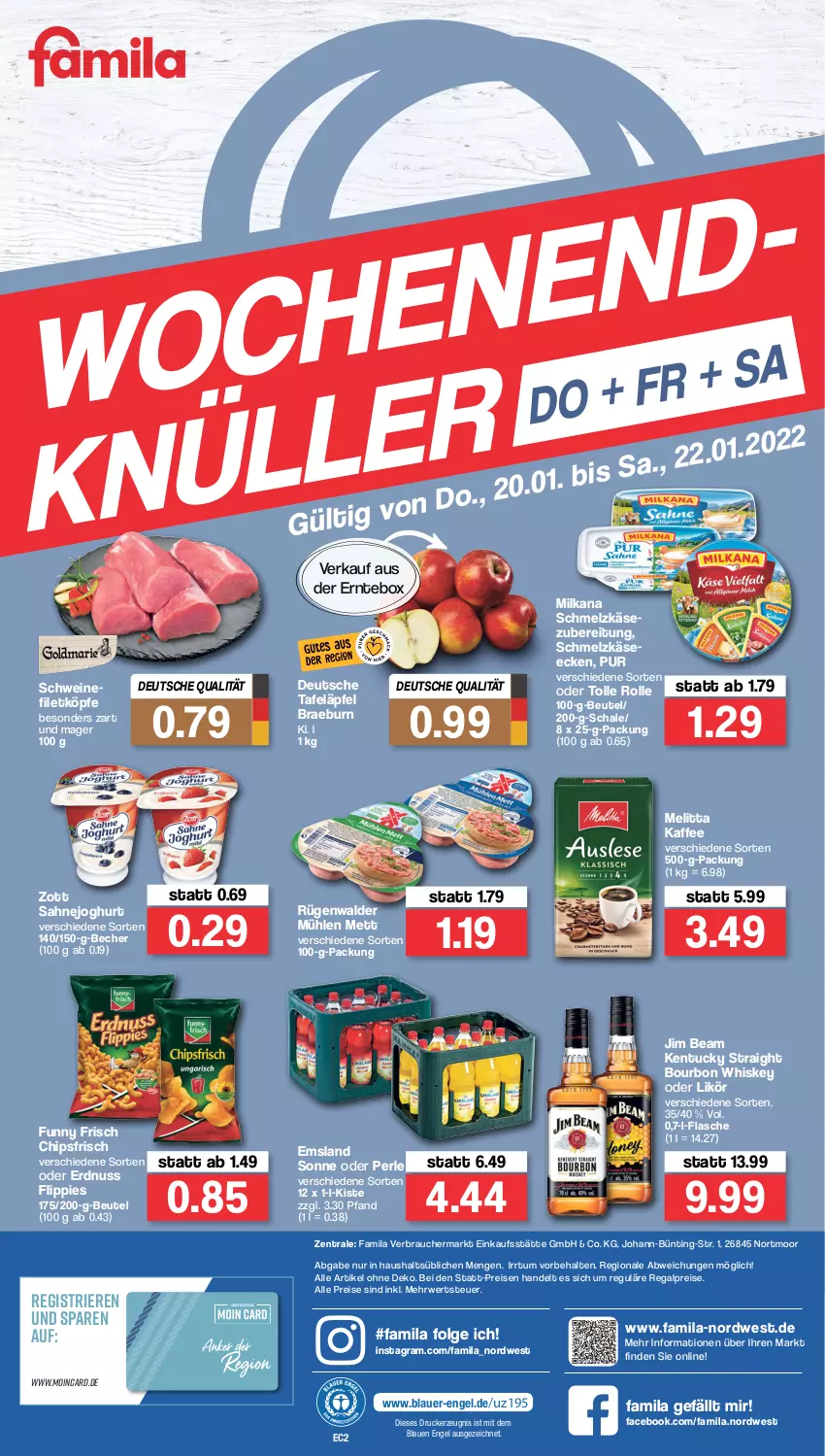 Aktueller Prospekt Famila - Prospekte - von 17.01 bis 22.01.2022 - strona 36 - produkty: auer, Becher, beutel, bourbon, bourbon whiskey, chips, chipsfrisch, drucker, eis, Engel, erdnuss, filet, flasche, flippies, Funny Frisch, jim beam, joghur, joghurt, kaffee, Käse, kentucky straight, kerze, LG, likör, melitta, Mett, milka, milkana, nuss, Rauch, regal, reis, rügenwalder, rügenwalder mühle, rwe, sahne, Sahnejoghurt, Schal, Schale, Schmelzkäse, schmelzkäsezubereitung, schwein, schweine, tafeläpfel, Ti, tuc, wein, weine, whiskey, zott