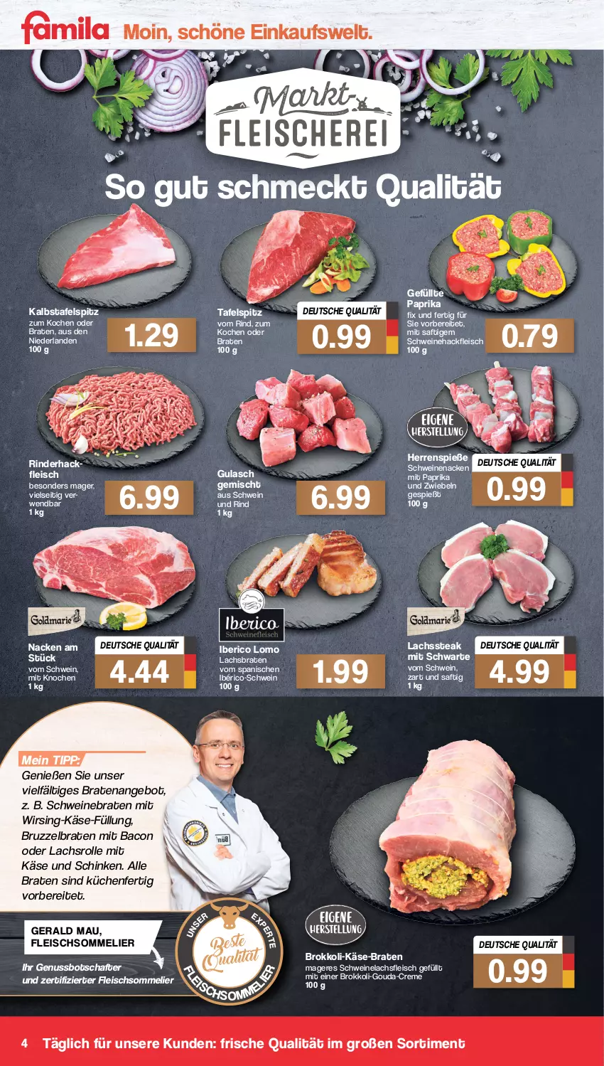 Aktueller Prospekt Famila - Prospekte - von 17.01 bis 22.01.2022 - strona 4 - produkty: angebot, bacon, braten, brokkoli, creme, eis, fleisch, fleischsommelier, gouda, gulasch, hackfleisch, Käse, küche, Küchen, lachs, Lachsbraten, mit paprika, nuss, paprika, rind, rinder, rinderhackfleisch, rwe, saft, schinken, schwein, schwein und rind, schweine, Schweinehackfleisch, Schweinelachs, schweinenacken, steak, tafelspitz, Ti, wein, weine, Wirsing, zwiebel, zwiebeln