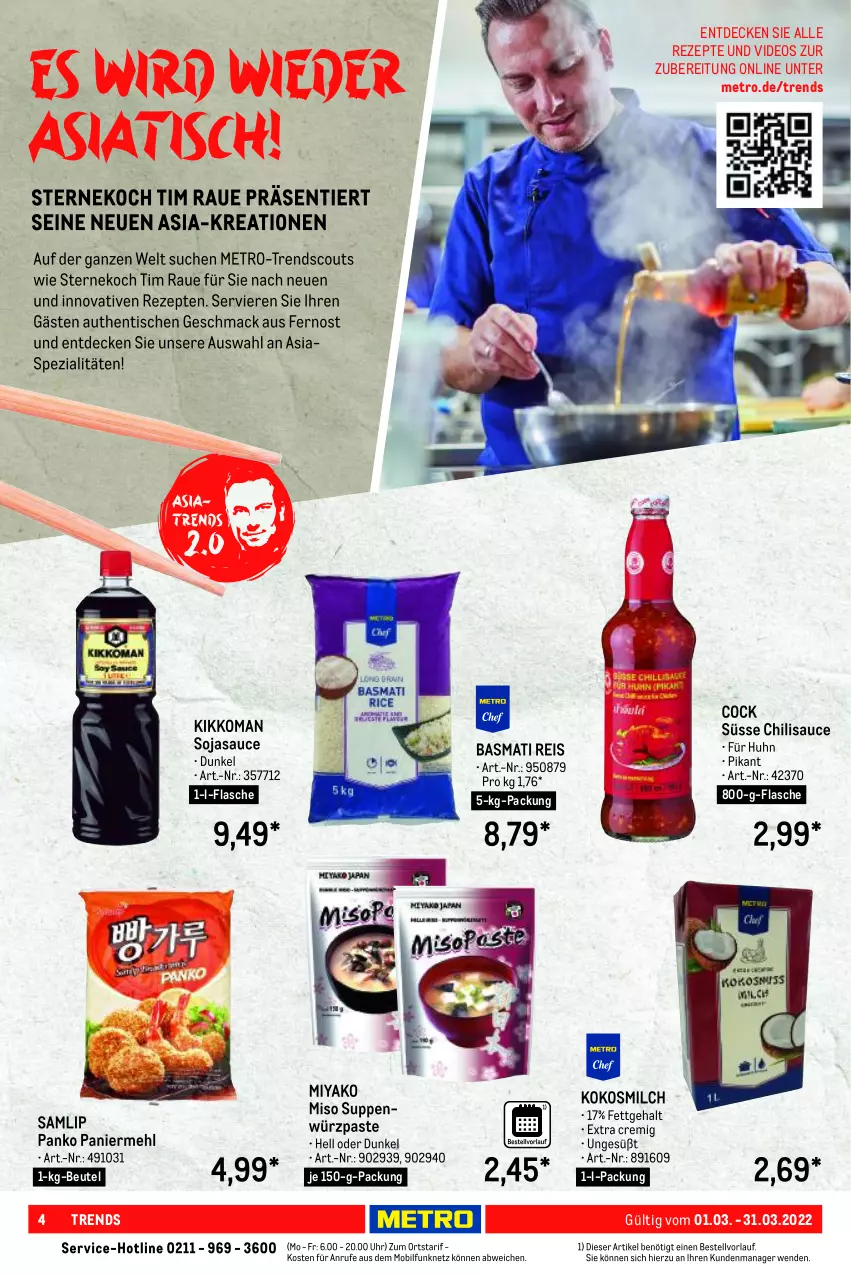 Aktueller Prospekt Metro - Lieferservice aktuell - von 01.03 bis 31.03.2022 - strona 4 - produkty: basmati, Basmati Reis, beutel, chili, decke, deo, eis, flasche, kikkoman, kokos, kokosmilch, mac, mehl, Metro, milch, Paniermehl, reis, rezept, rezepte, sauce, scout, soja, sojasauce, Spezi, suppe, suppen, Ti, tisch, uhr