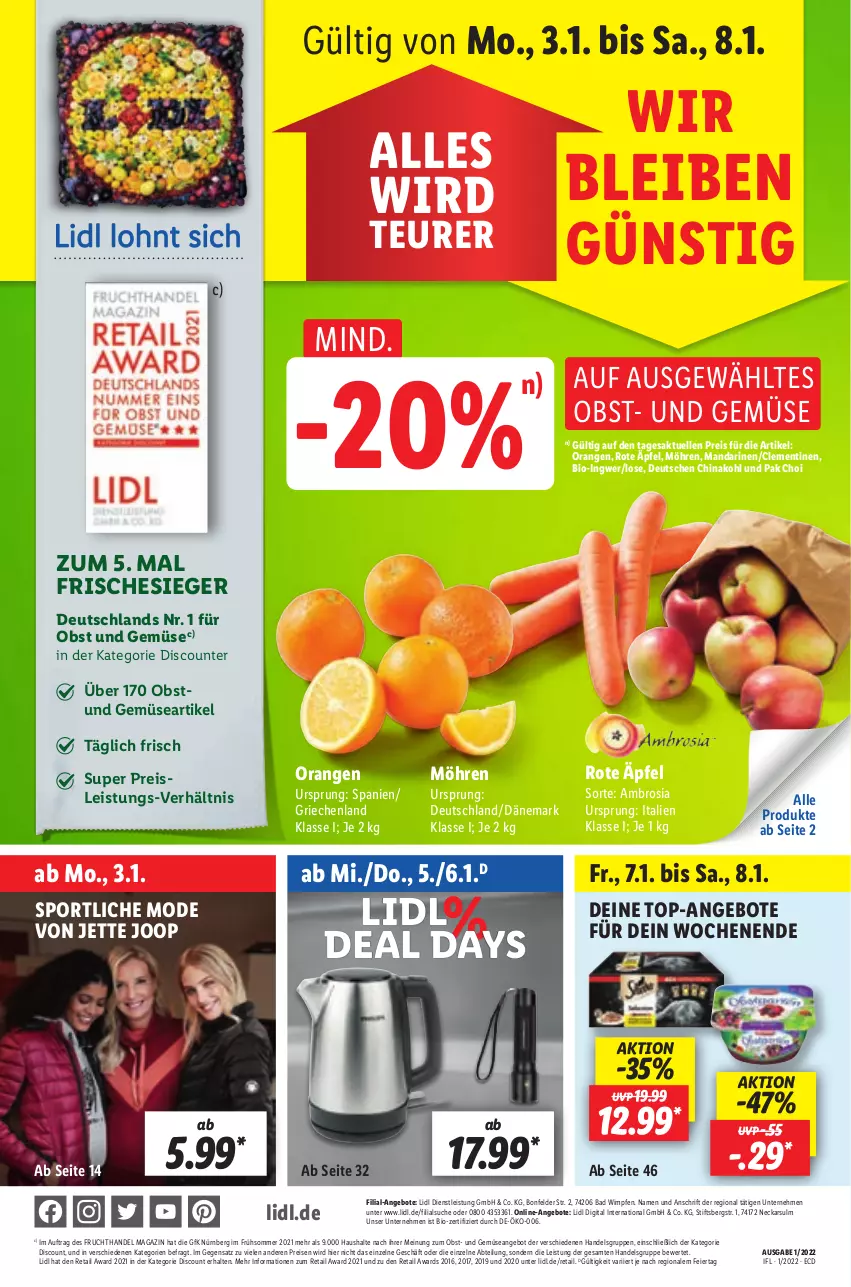 Aktueller Prospekt Lidl - Aktionsprospekt - von 03.01 bis 08.01.2022 - strona 1 - produkty: Abtei, angebot, angebote, Bad, bio, clementinen, discount, eier, eis, elle, frucht, ingwer, magazin, mandarine, mandarinen, Mode, möhren, obst, Obst und Gemüse, orange, orangen, Pak Choi, reis, Sport, Ti, top-angebot, und gemüse