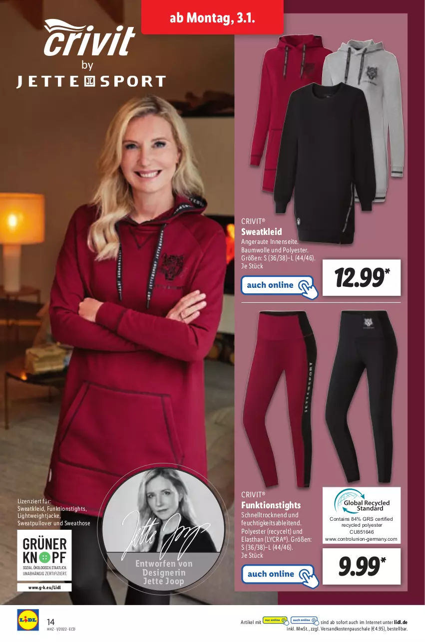 Aktueller Prospekt Lidl - Aktionsprospekt - von 03.01 bis 08.01.2022 - strona 14 - produkty: Bau, baumwolle, crivit, Germ, hose, Jacke, kleid, ndk, Pullover, Schal, Schale, Sweathose, Sweatkleid, Ti, wolle