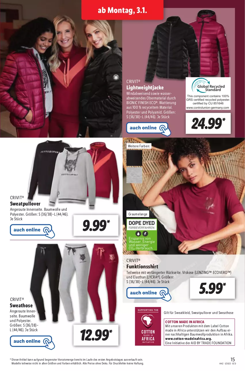 Aktueller Prospekt Lidl - Aktionsprospekt - von 03.01 bis 08.01.2022 - strona 15 - produkty: angebot, Bau, baumwolle, bio, crivit, dell, ecovero, eis, Elan, elle, Finish, funktionsshirt, hose, Jacke, kleid, lenzing, Mode, Pullover, reis, Ria, shirt, Sweathose, Sweatkleid, Ti, wasser, wolle, ZTE