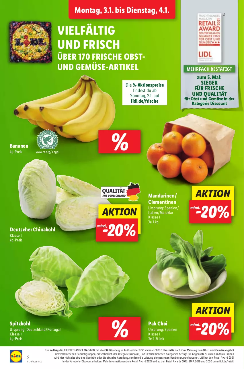 Aktueller Prospekt Lidl - Aktionsprospekt - von 03.01 bis 08.01.2022 - strona 2 - produkty: Abtei, aktionspreis, angebot, banane, bananen, clementinen, discount, eis, frucht, magazin, mandarine, mandarinen, obst, Obst und Gemüse, Pak Choi, reis, spitzkohl, Ti, und gemüse