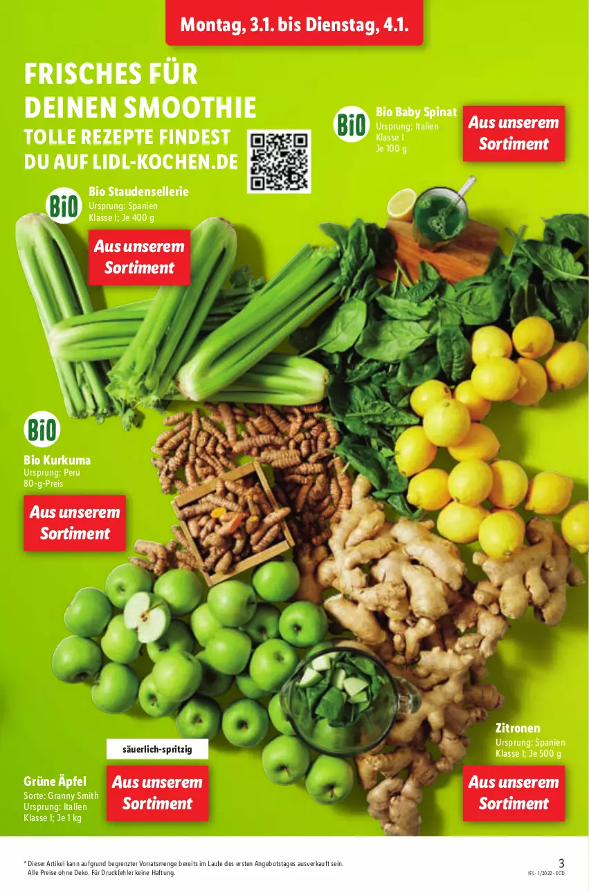 Aktueller Prospekt Lidl - Aktionsprospekt - von 03.01 bis 08.01.2022 - strona 3 - produkty: angebot, bio, eis, elle, reis, rezept, rezepte, smoothie, spinat, stauden, Ti, zitrone, zitronen, ZTE