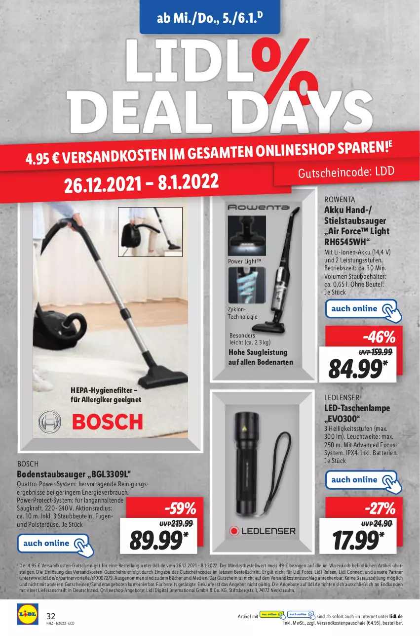 Aktueller Prospekt Lidl - Aktionsprospekt - von 03.01 bis 08.01.2022 - strona 32 - produkty: Air Force, akku, angebot, angebote, batterie, batterien, Behälter, beutel, bodenstaubsauger, bosch, eis, gutschein, gutscheine, hygienefilter, korb, kraft, Lampe, LG, ndk, Rauch, Reinigung, reis, ring, rowenta, Schal, Schale, staubbeutel, staubsauger, Stielstaubsauger, Tasche, taschen, taschenlampe, tee, Ti, ZTE